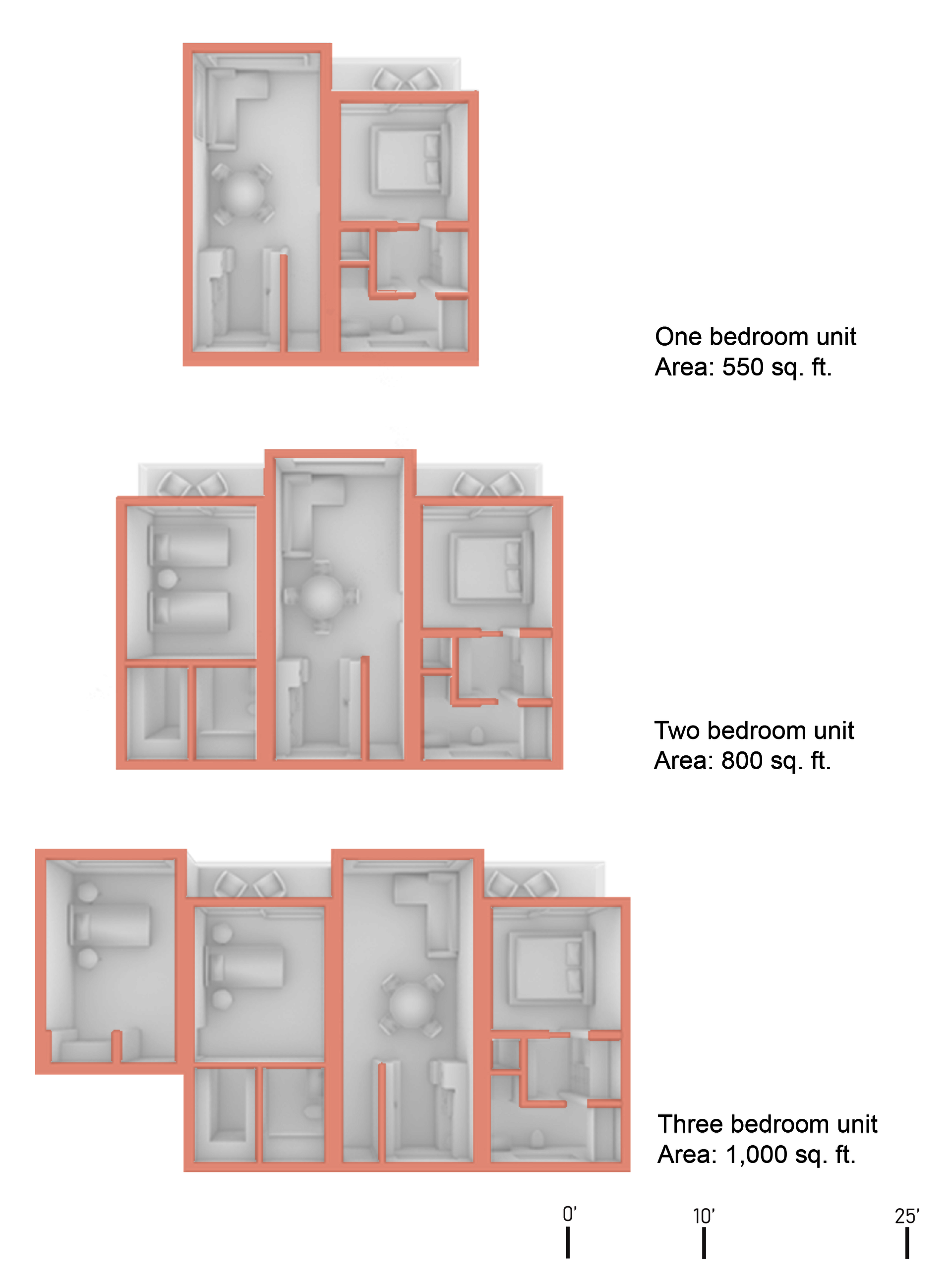 The diagram above highlights the different types of units in the complex ranging from one, two, or three bedrooms. 