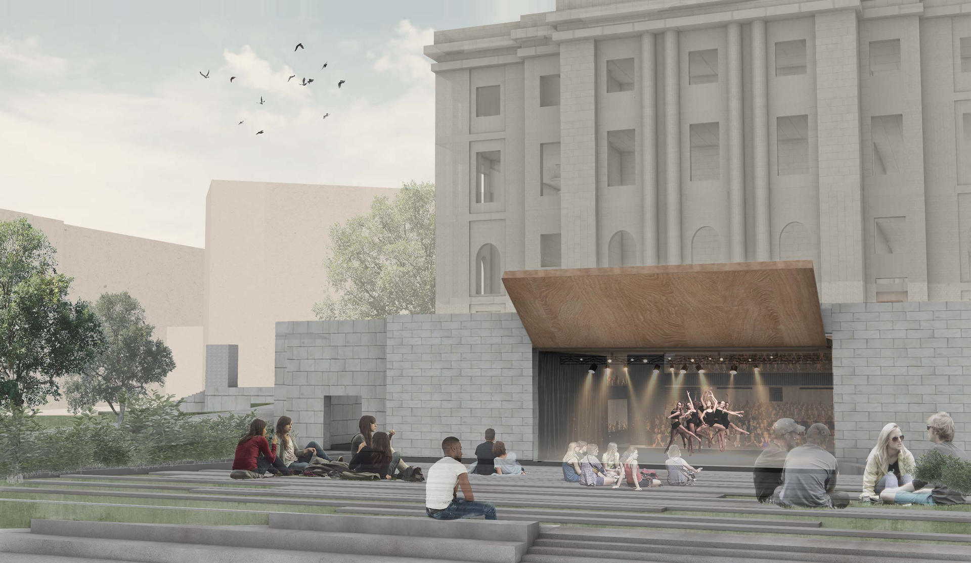 Exterior render showing how the theater is open to the exterior, allowing to enjoy performances during months of good weather and connecting the building to the exterior.