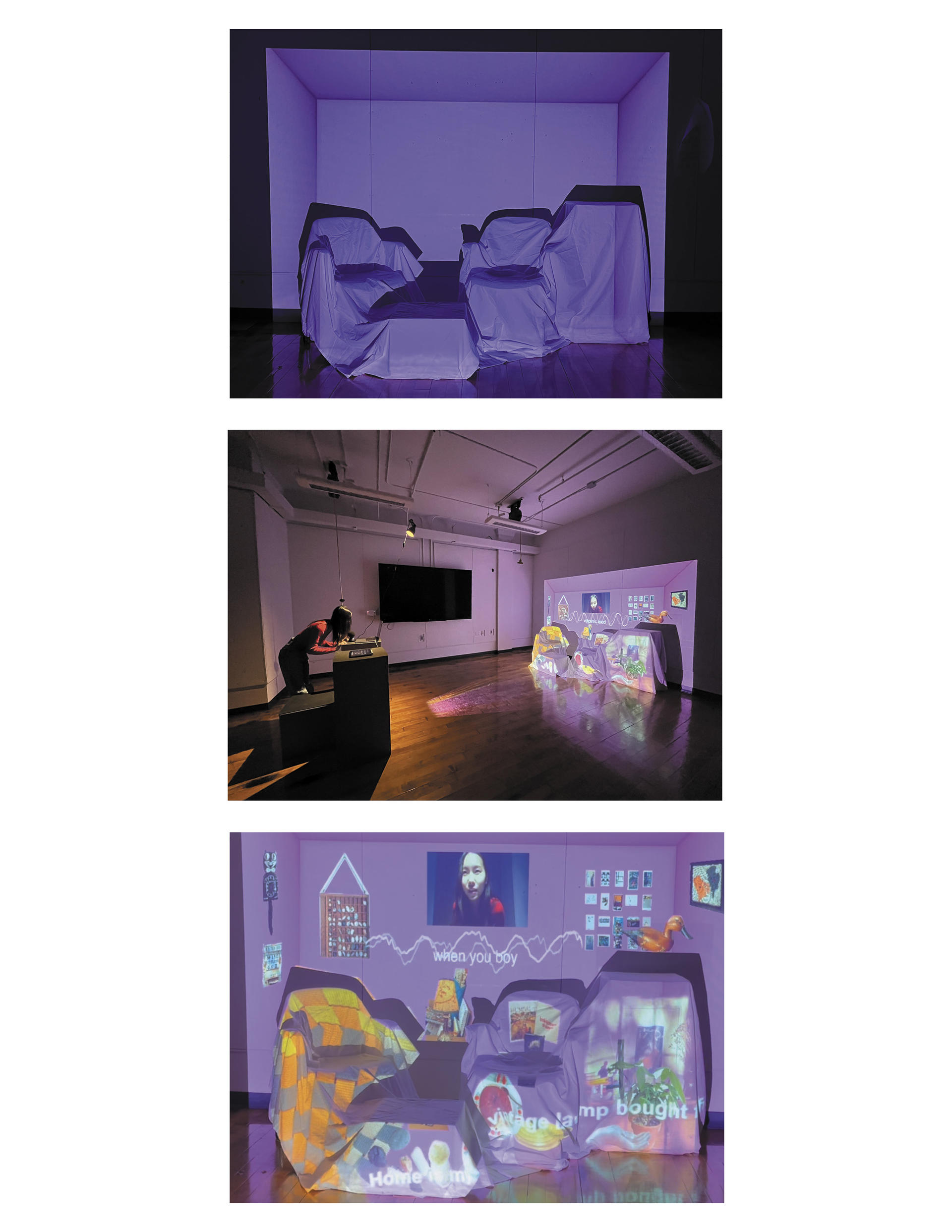 A woman interacting with installation by speaking into the microphone and objects being projected onto the domestic environment
