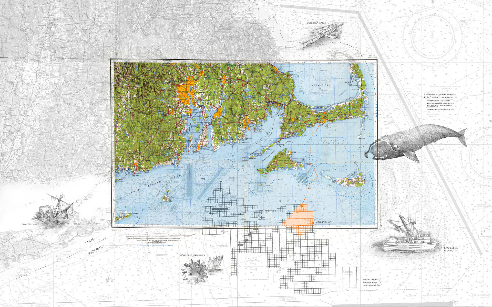 Collaged geophysical and nautical maps are overlaid with sketches of urbanized sea operations like unexploded bombs, sunken ships, and sea highways