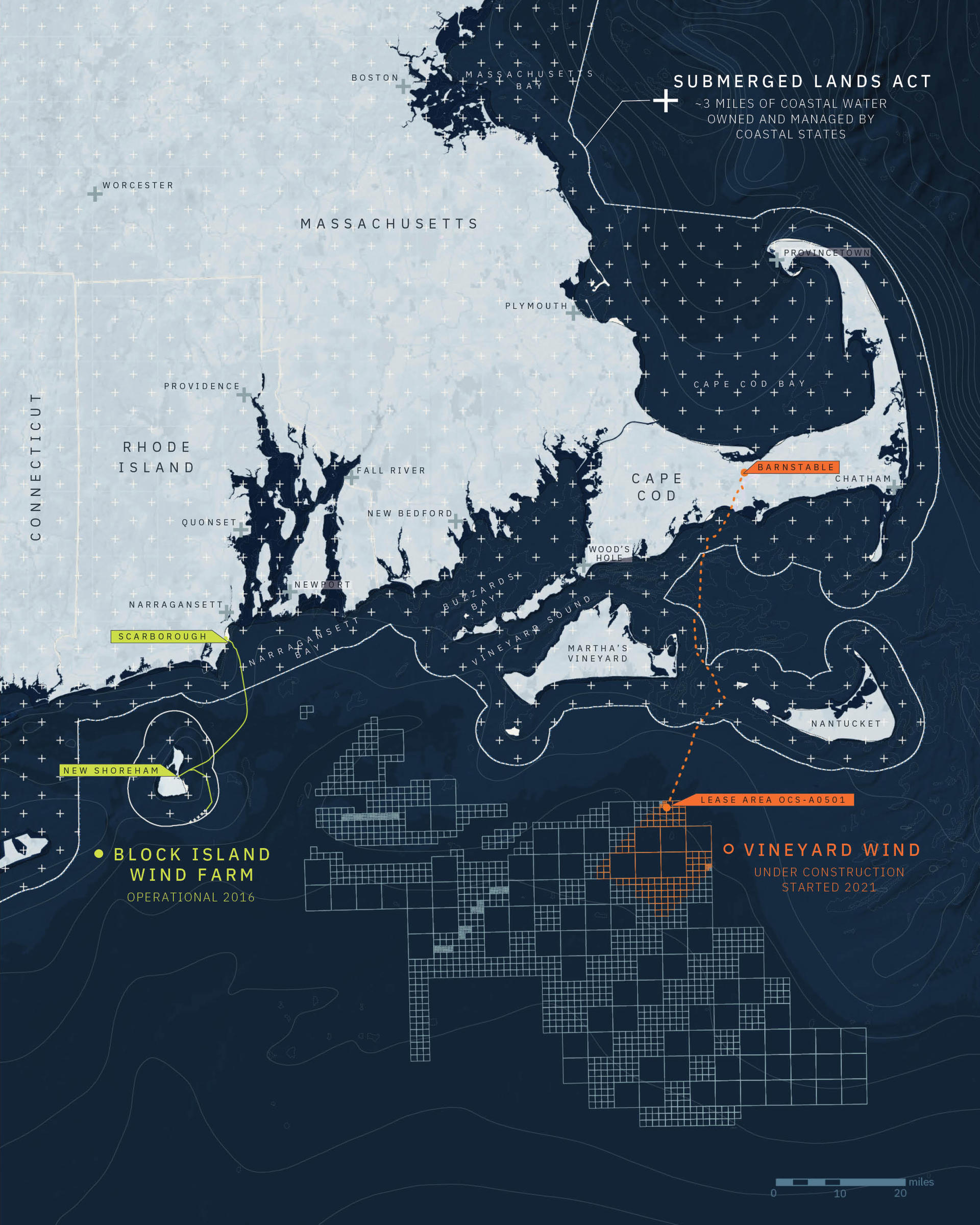 Map of coastal Southern New England shows gridded territory of Rhode Island and Massachusetts Leasing Area, including the operational Block Island turbines and Vineyard Wind project currently under construction near Barnstable