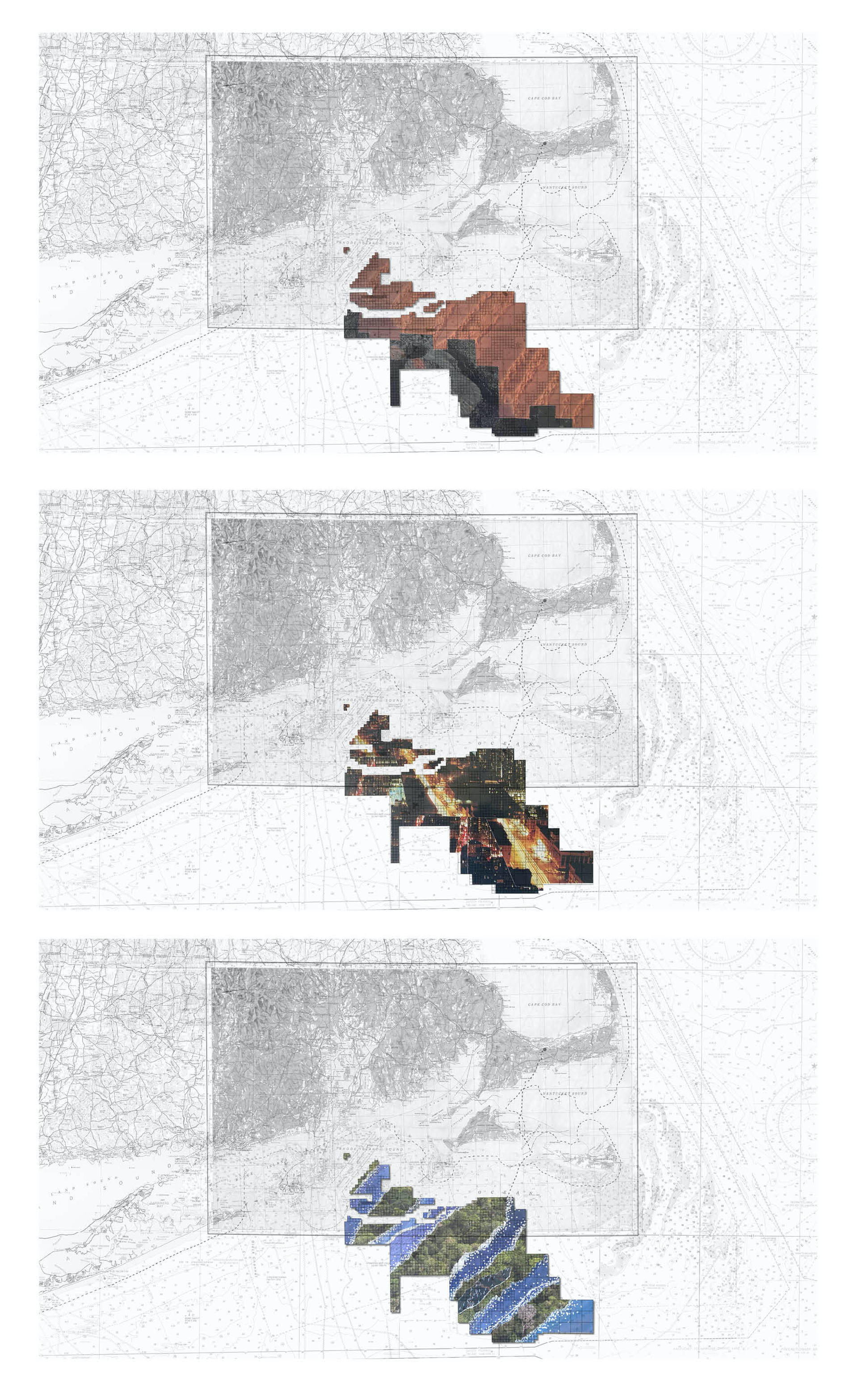 Three collages show the Rhode Island Massachusetts Leasing Area overlaid with speculative collages that imagine it as a developed territory, including a seawall, constructed island, and offshore port