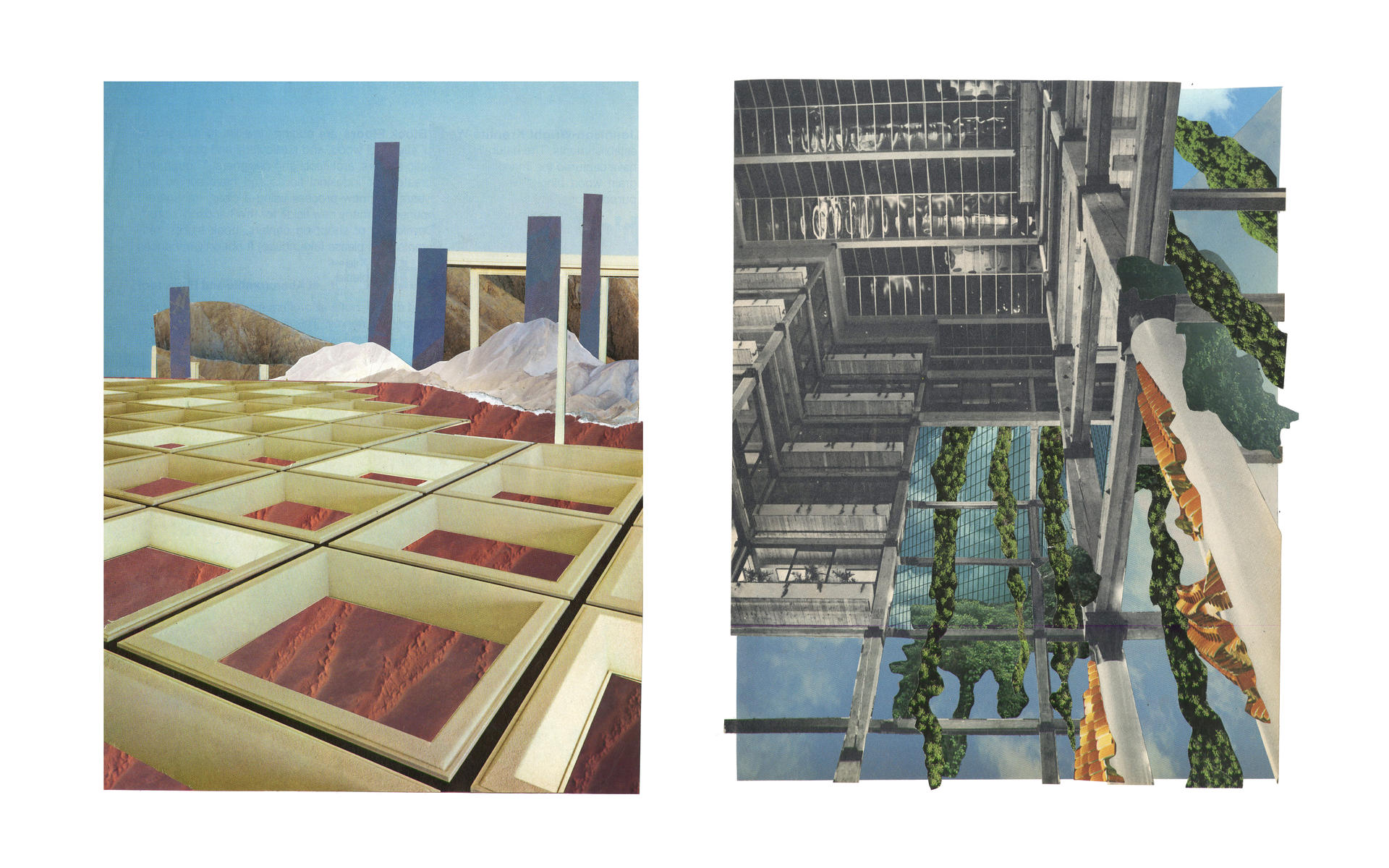 Two portrait oriented collages depict a gridded seafloor and a sea skyscraper frame supporting kelp growth