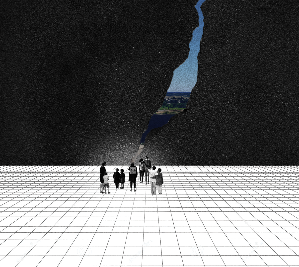 Concept collage, people standing in front of a giant crack, on the other side of the crack is providence harbor