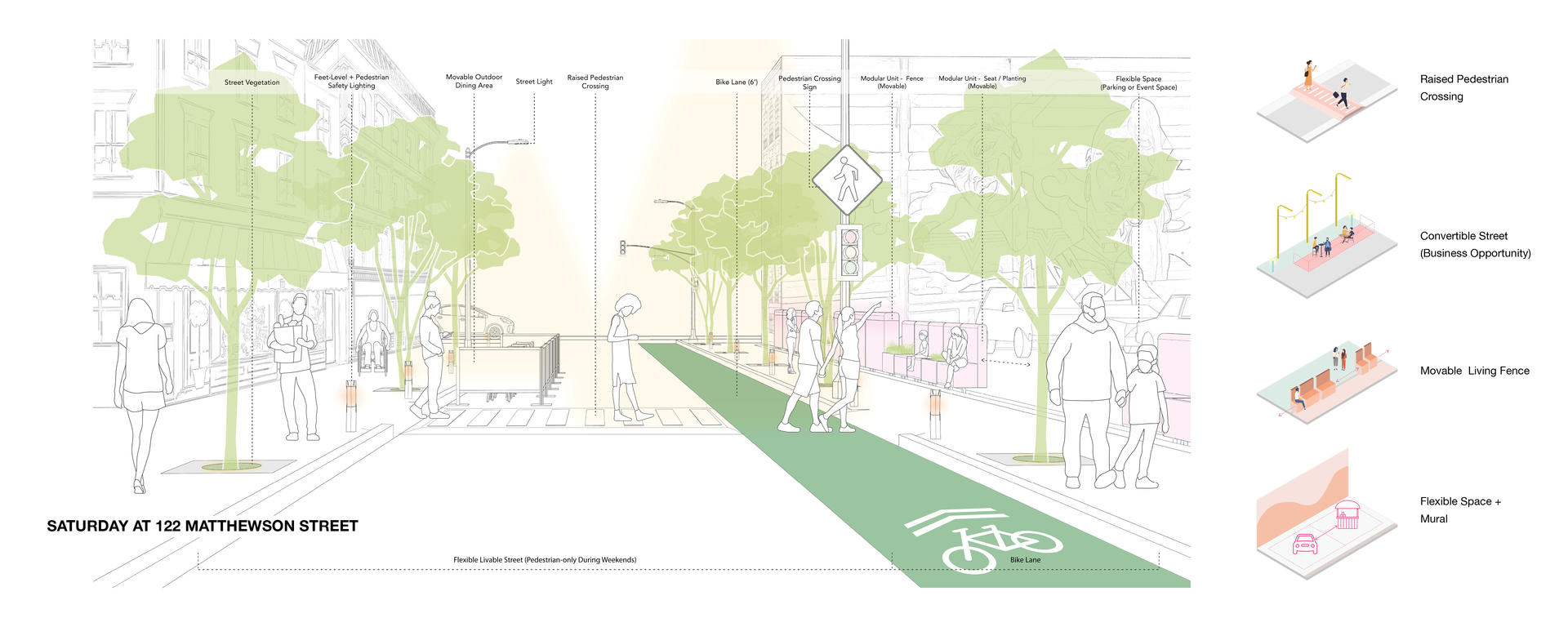 A One-way Pedestrian-focus Street with Flexible Open Space for Various Events