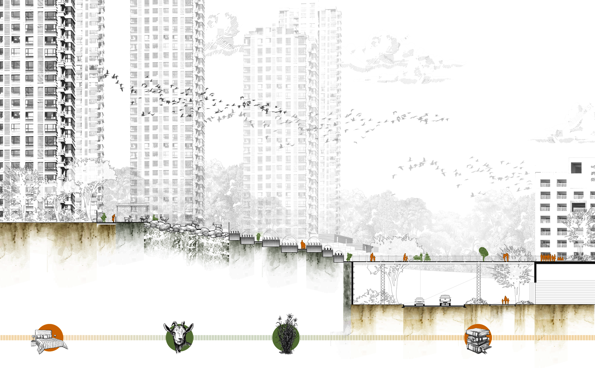 The terrace farm is between the residential house and school to deal with the 90 ft elevation diversity. The boundary has been blurred, and the in-between area has become the new commons used by city dwellers and the rural population.