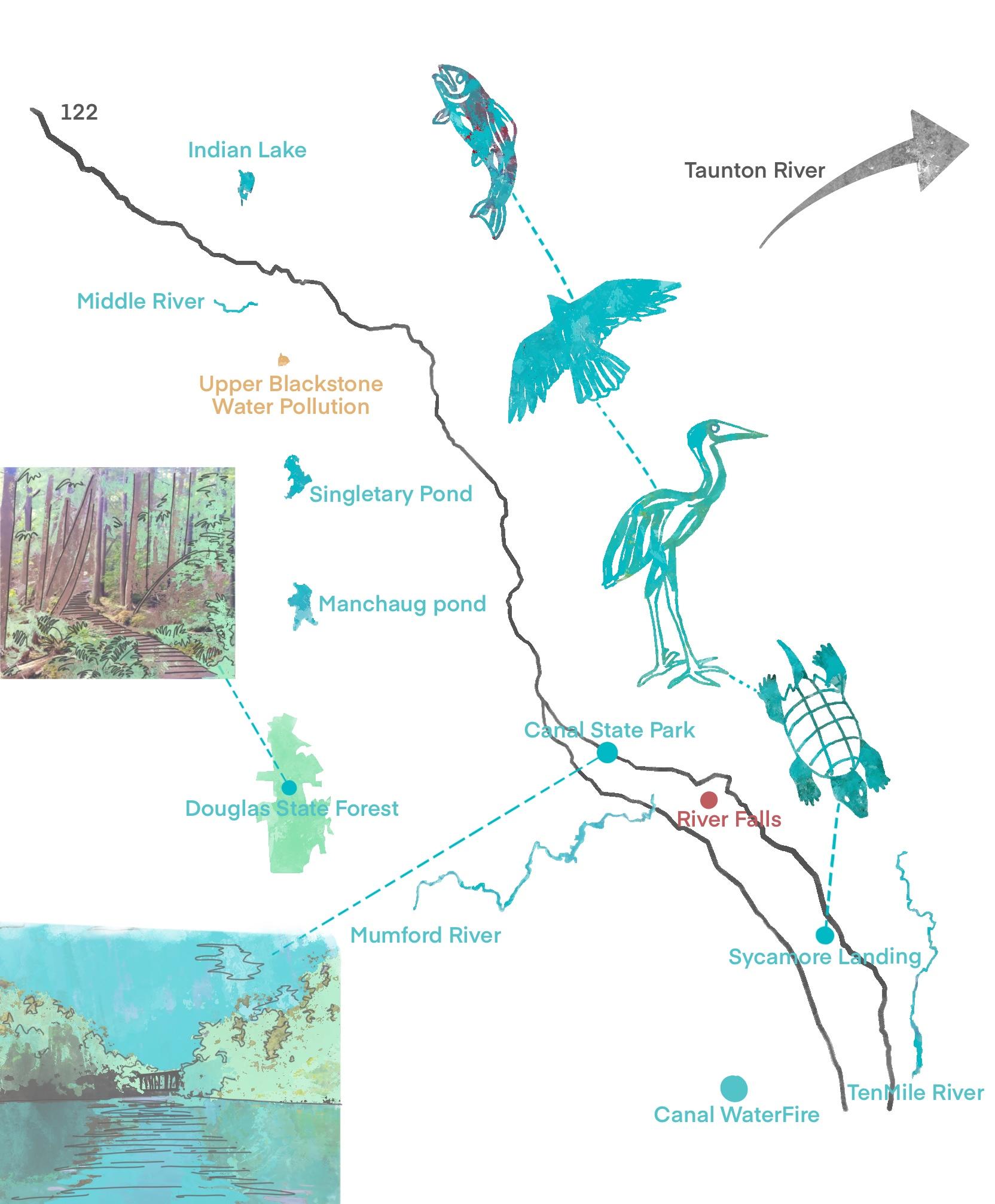 A map of the Blackstone River watershed showing a turtle, a Great Blue Heron, a Hawk, a fish, roads, parks, and other places of import.