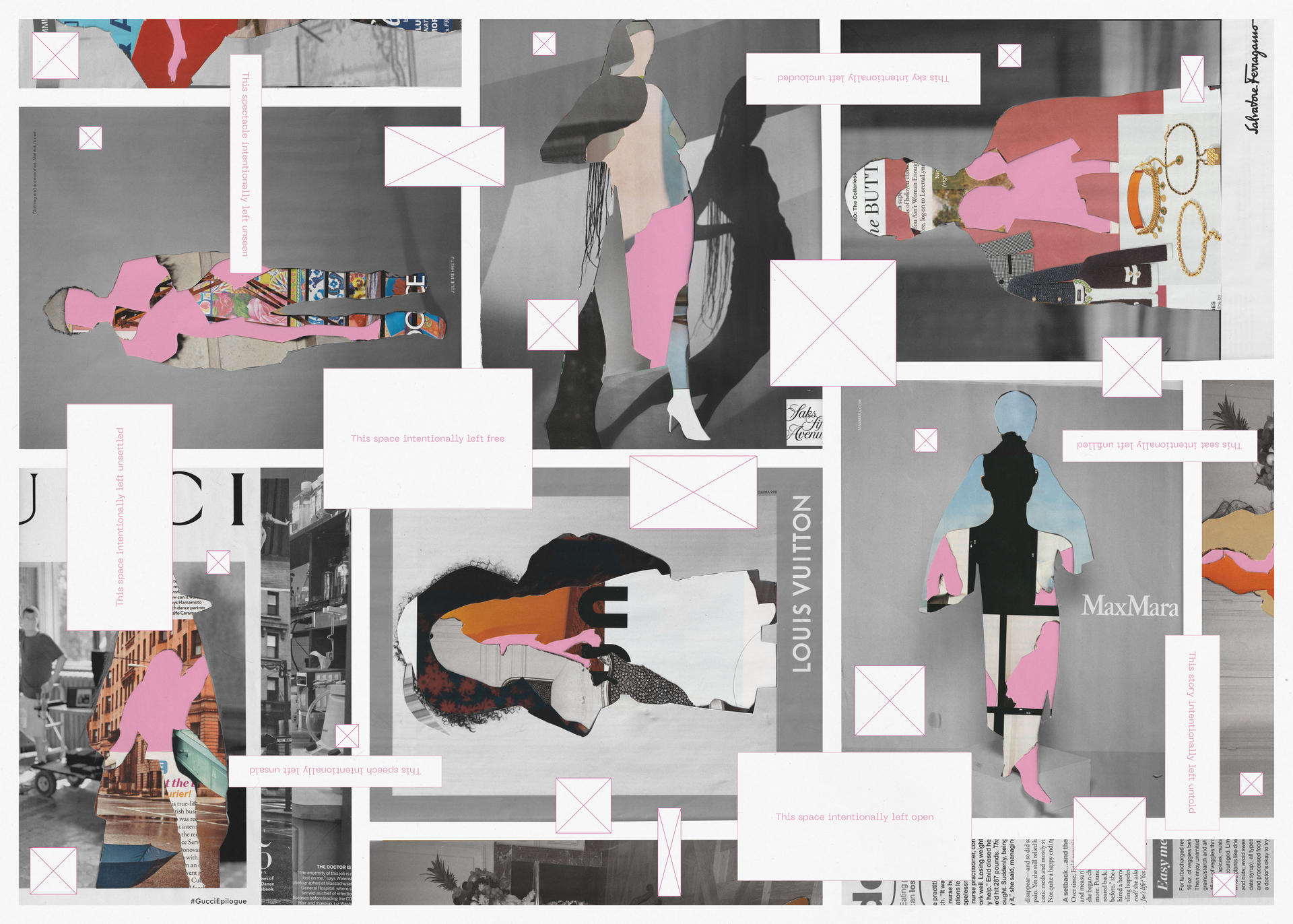 A visual collage with cutout figures and scattered text boxes.