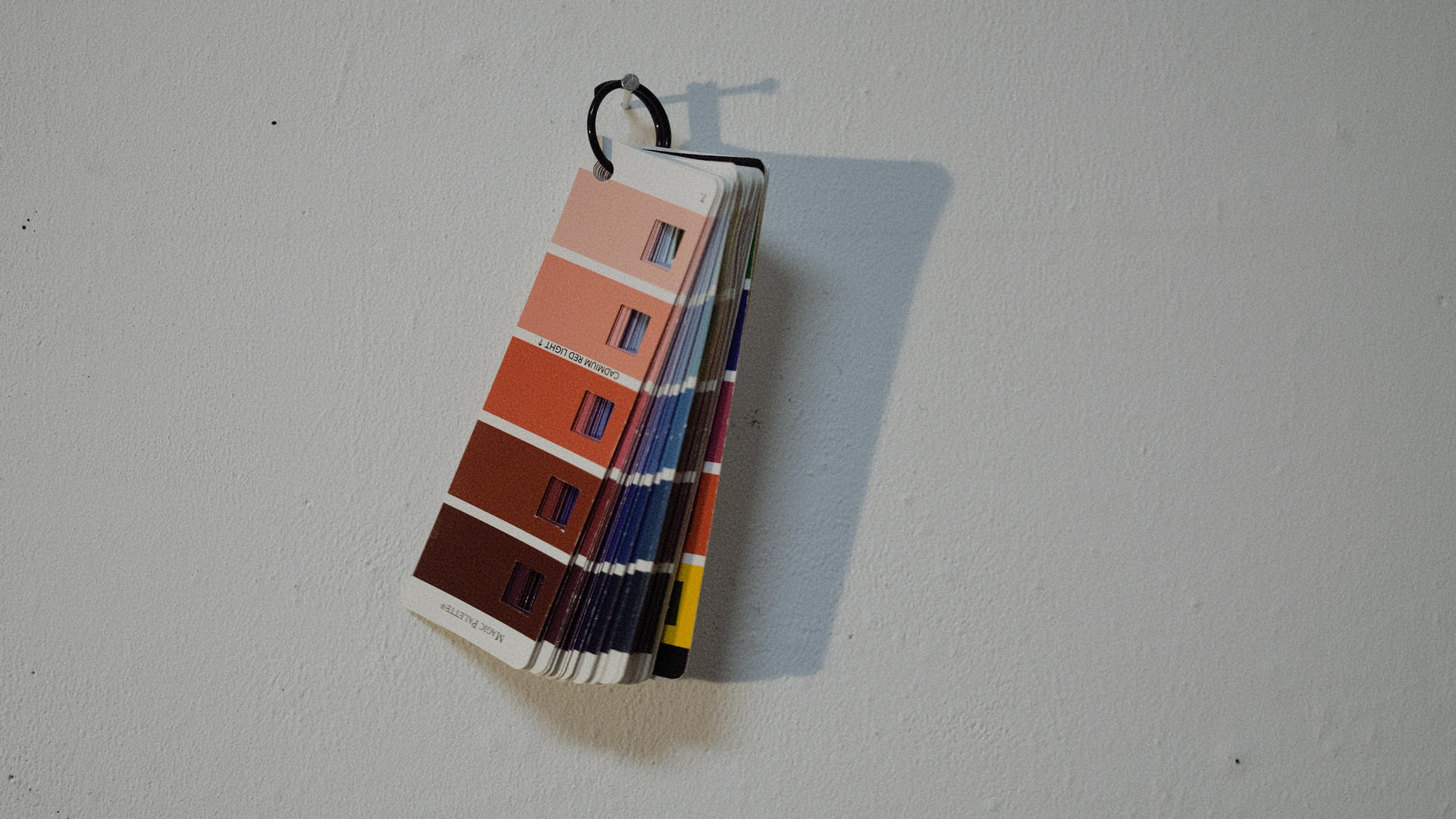 A color index card showing different shades of red is nailed to a white wall. 