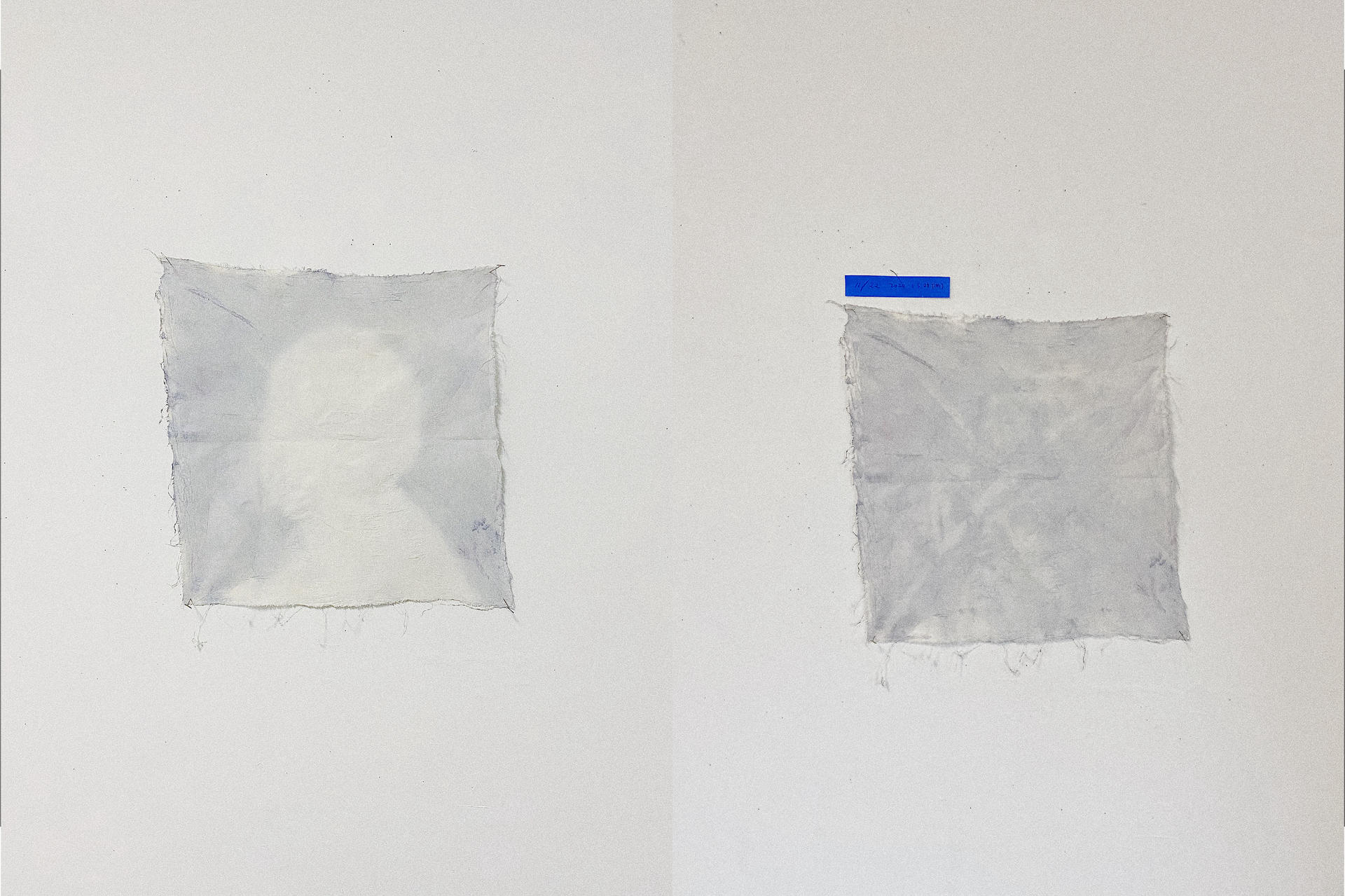 Two piece of blue tone cloth, Left one has a faded silhouette, right one appears to be solid.