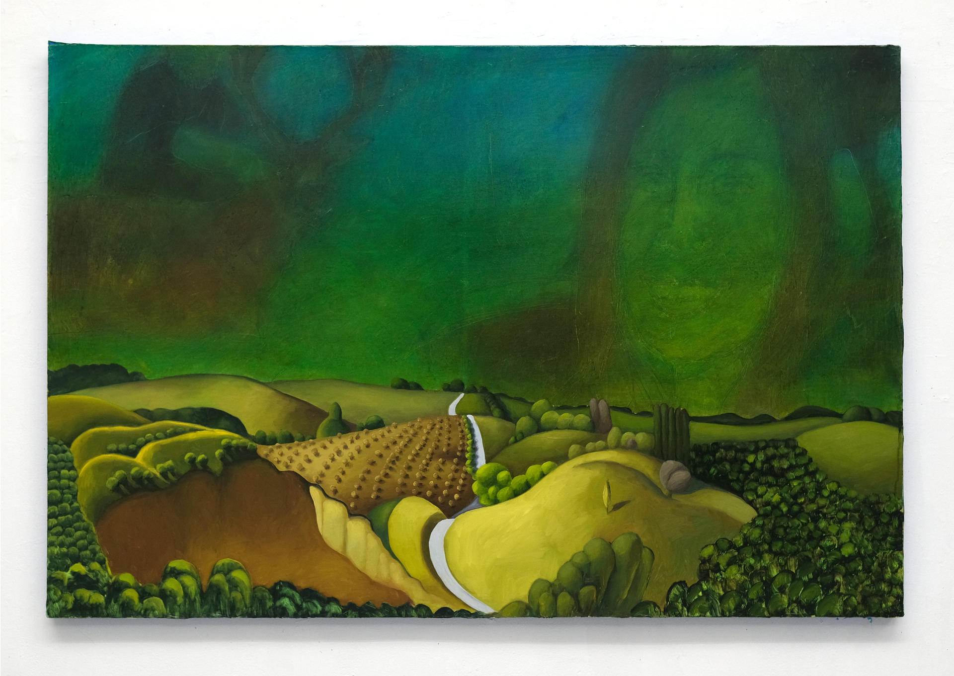 Painting of a landscape, with a giant face of a girl and a hunted deer in the sky, with a Grant Wood landscape copy. 