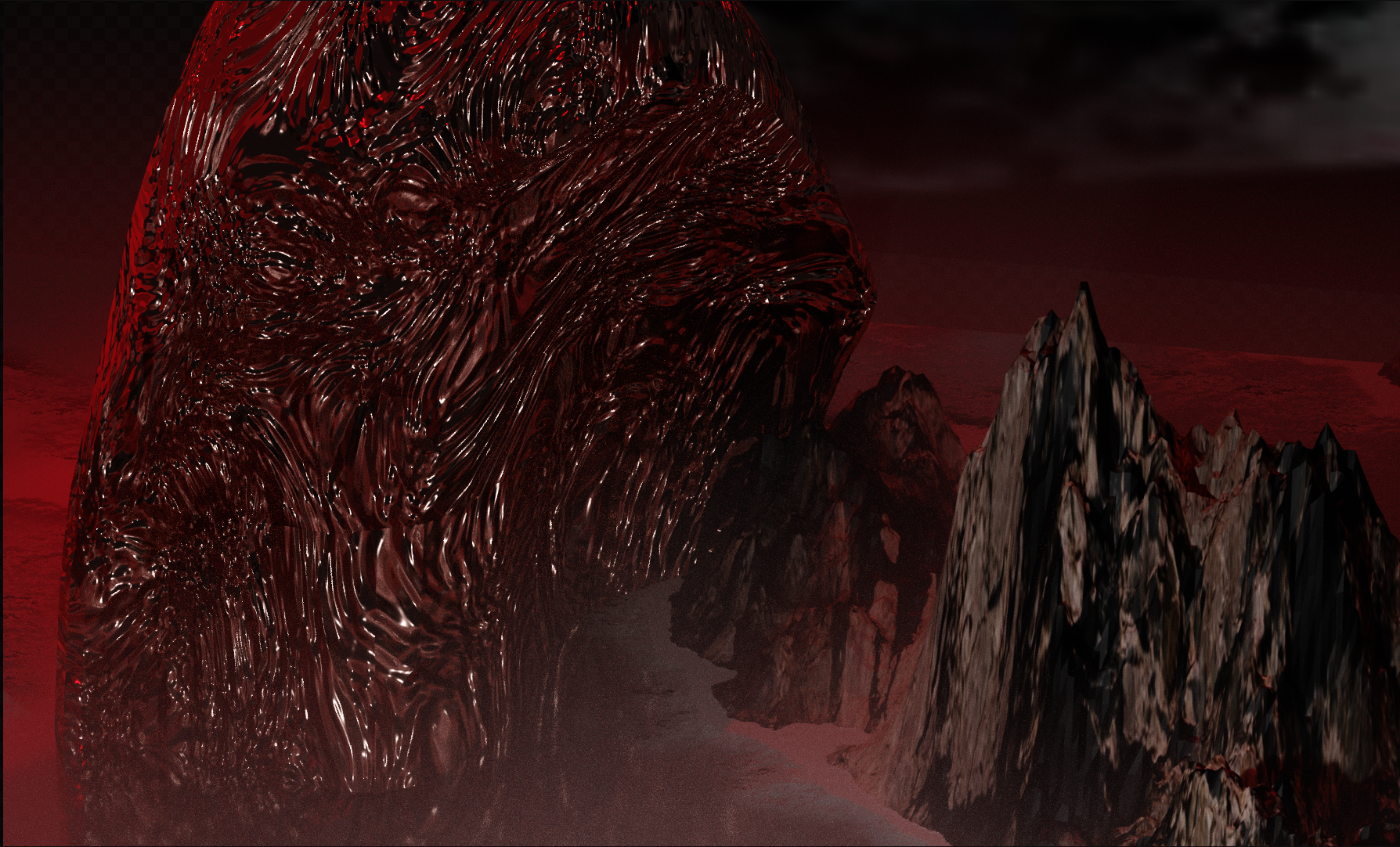 A mountain made of blood and flesh approaching a virtual landscape