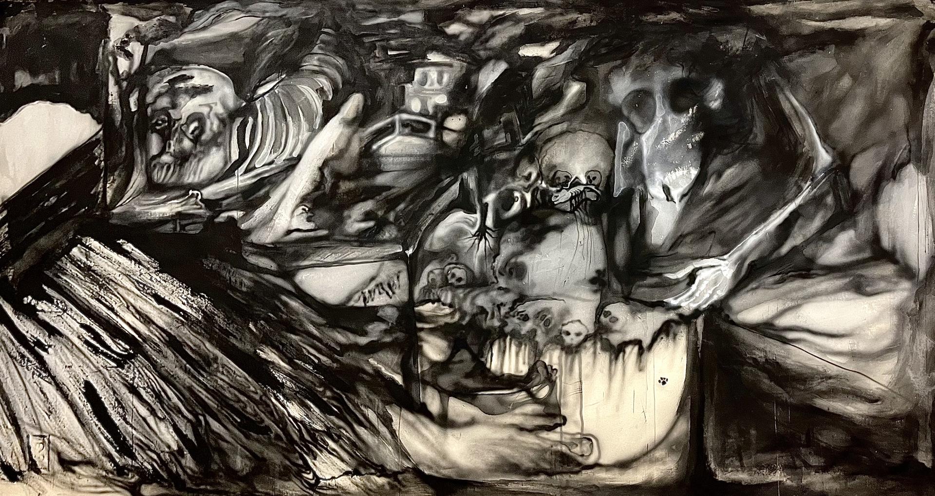 A monochromatic painting depicting skeletons within twisted perspectives and spaces