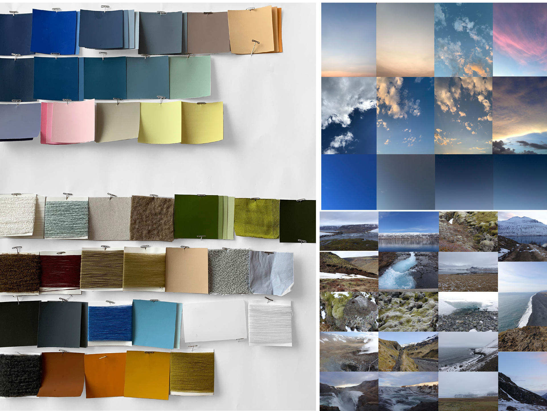 40 hand painted color chips taken from the photos of the sky and landscape of Iceland.