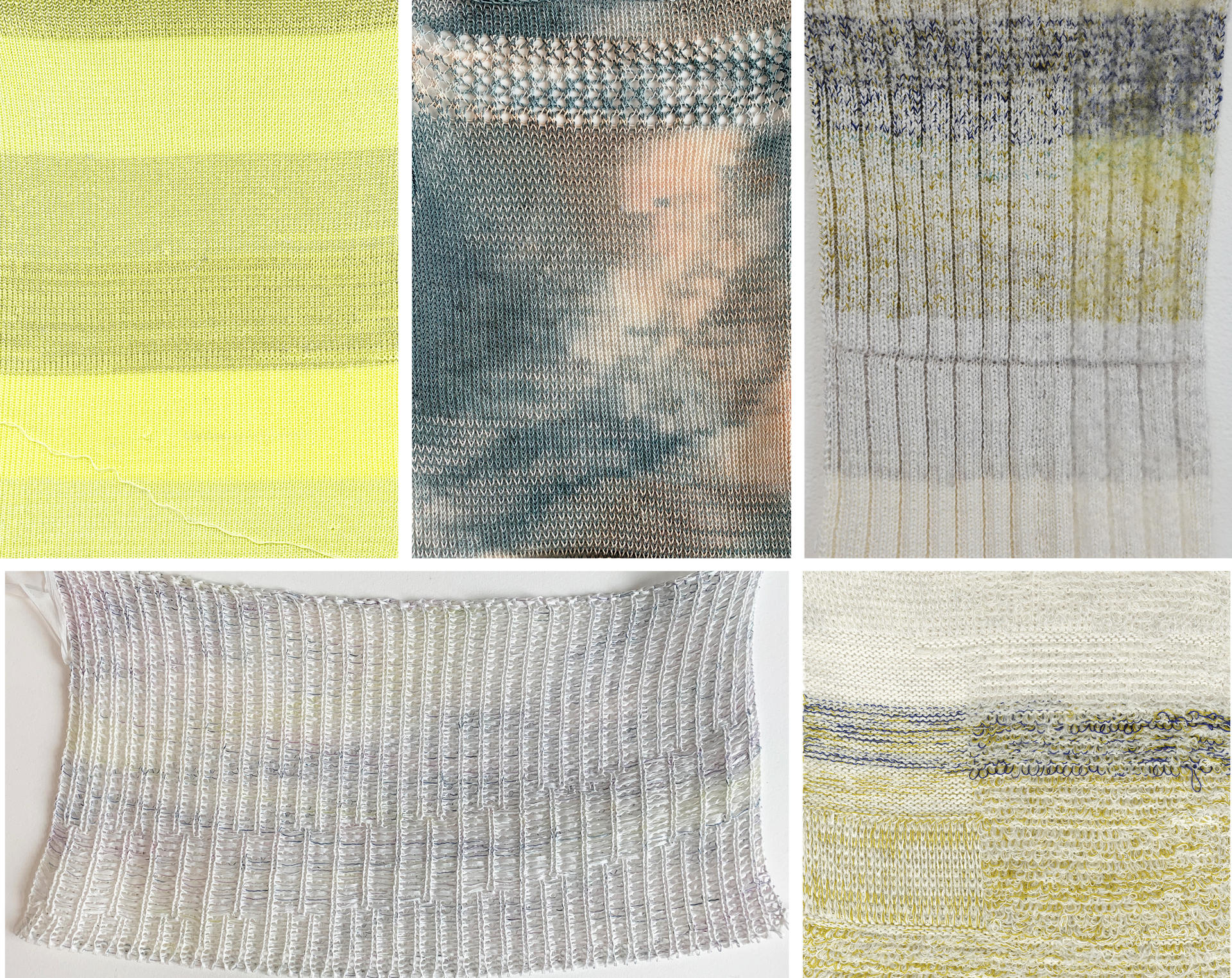 Six knitted samples varying in texture and color. 