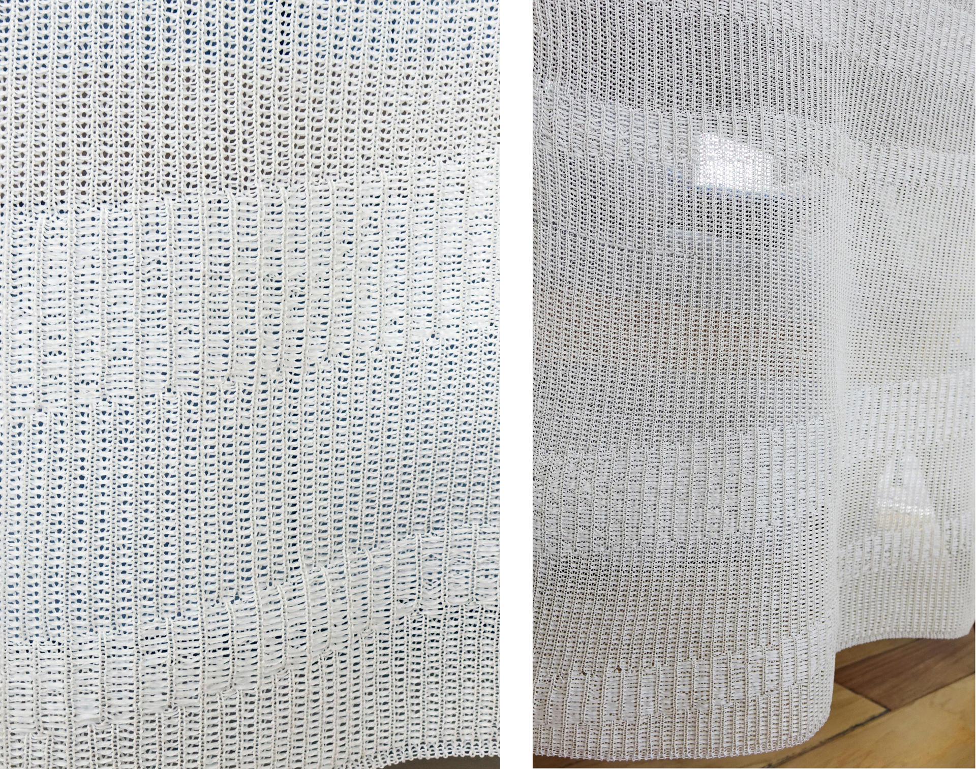 Slightly transparent, white knitted fabric. 