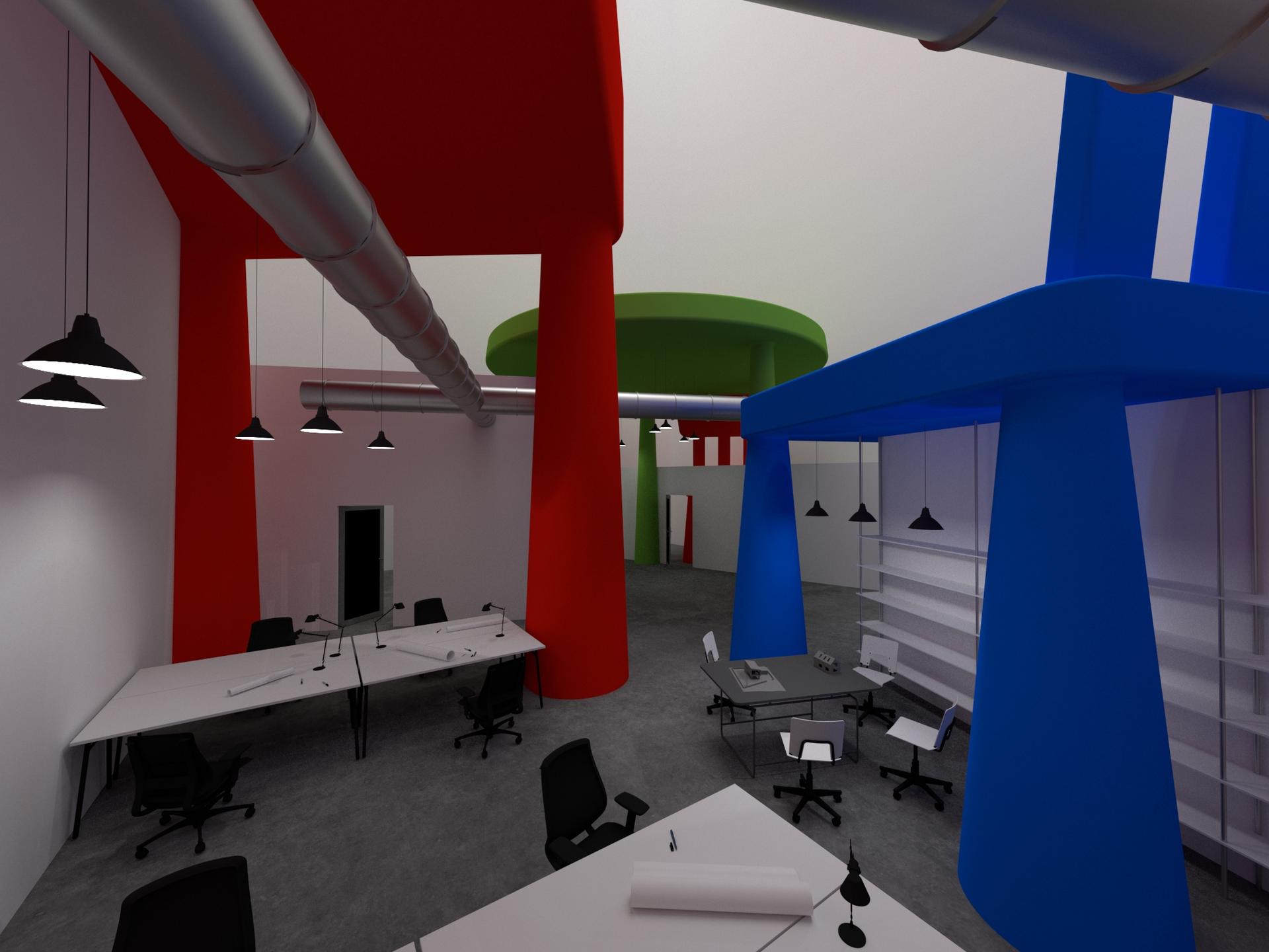  A rendering of an office space with oversized, out of place children's furniture.  