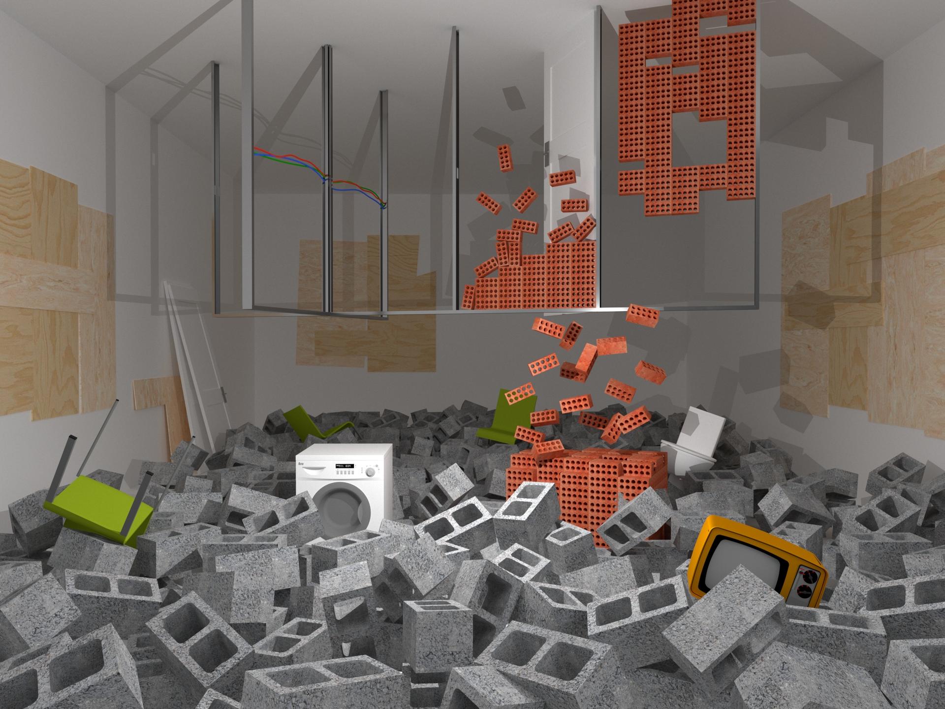 A rendering of various construction materials accumulating in a dimly lit room. 