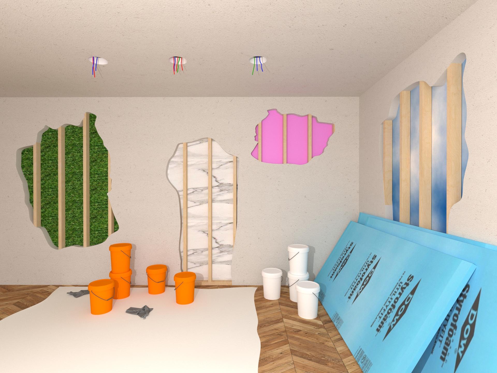 A scene of a room under construction with illogical materials within the walls.  