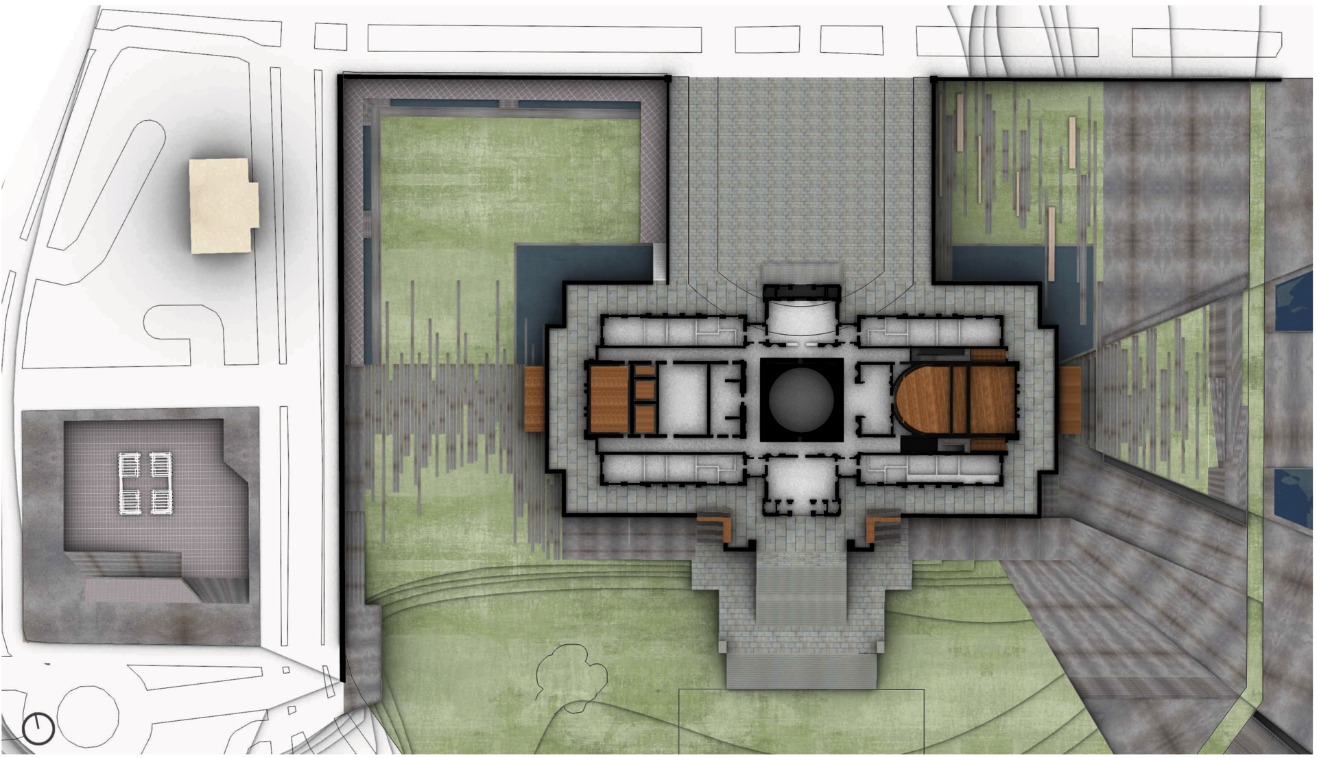 Basement plan showing the programmatic distribution of spaces, with theater on east axis, gallery area at the center, and educational area on west axis.