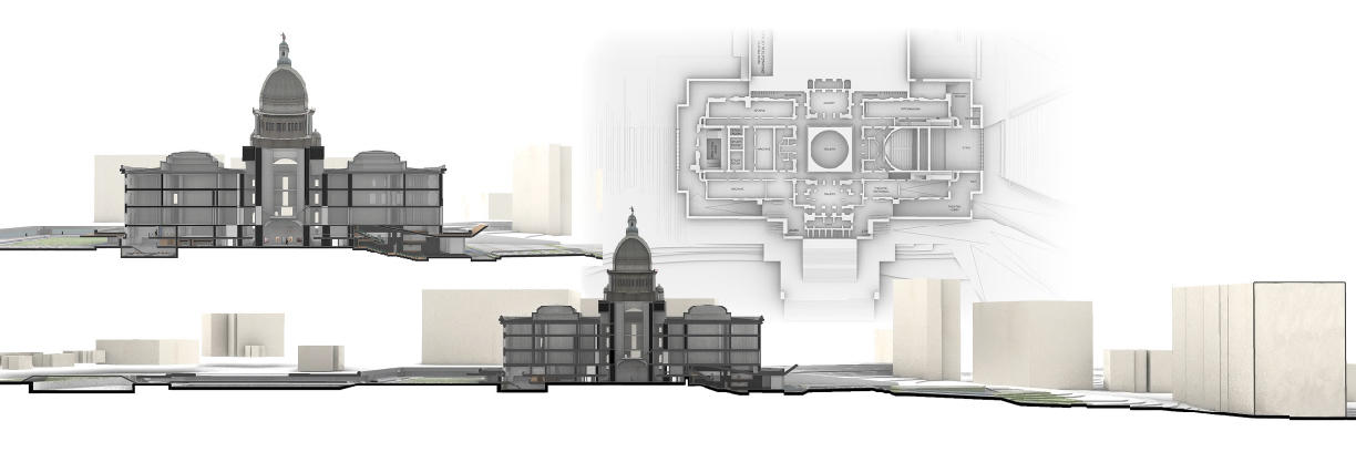 Sections of the building and programmatic plans show in different colors the distribution of areas in the building.