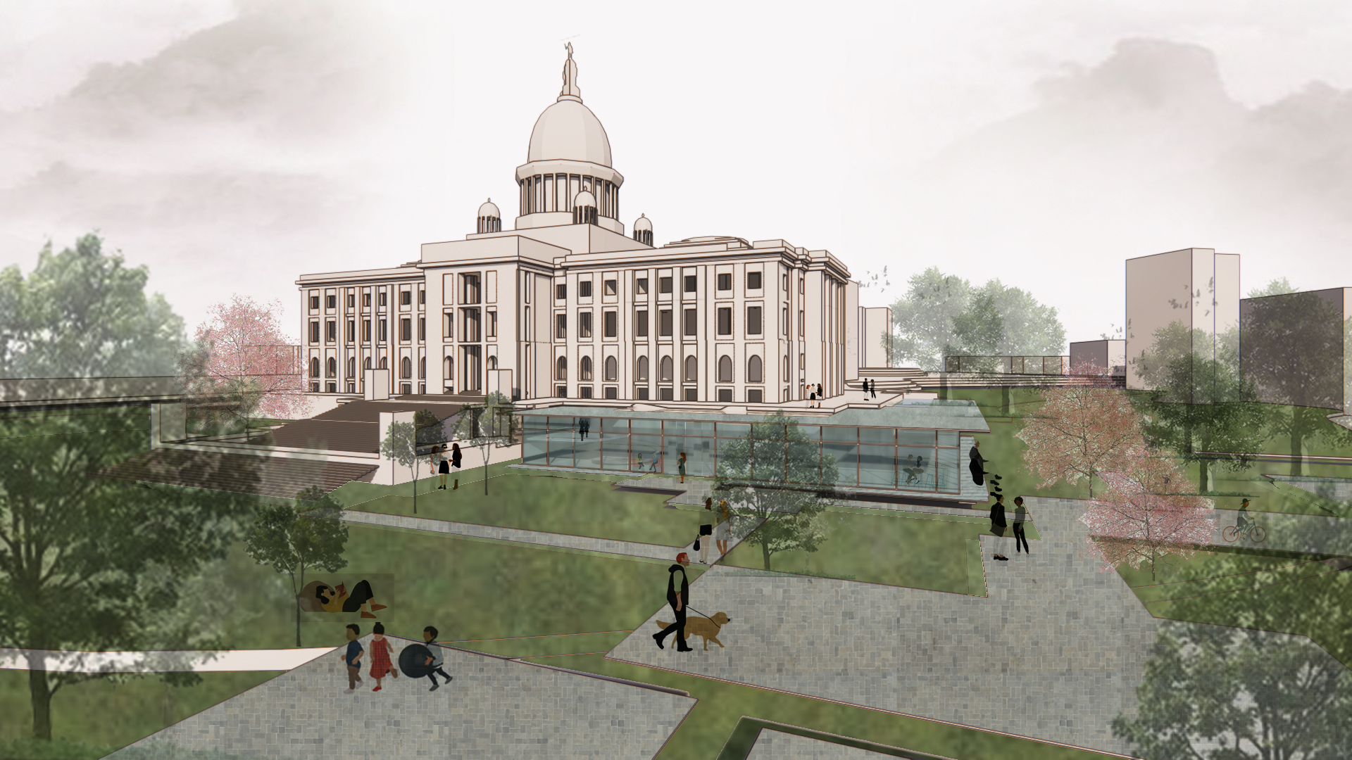 View of the Glass structure insertion on the southern grounds of the State Houseuthern side of the building