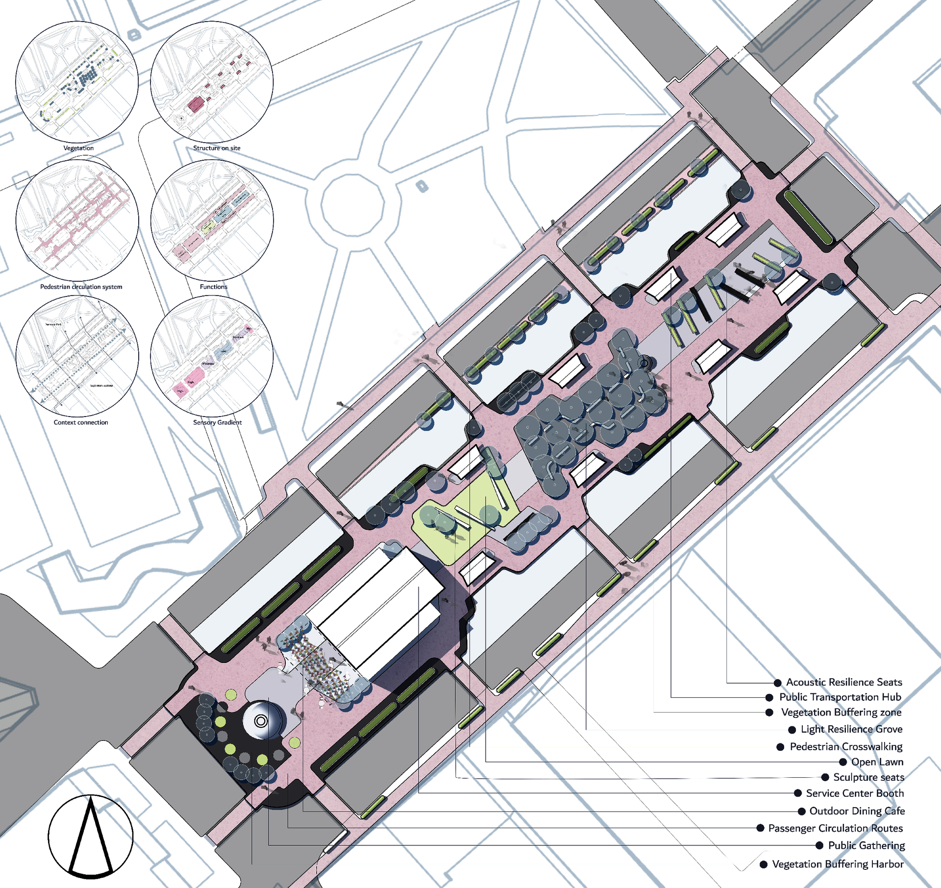 The drawing listed multiple spatial typologies that were commonly used in urban public space making, they are categorized into several groups as vegetation, structure, landform, paving, etc.