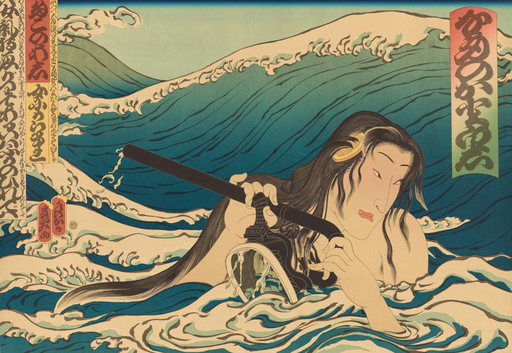 Japanese-style print, showing a figure with head and arms floating amidst a rolling waves. The figure holds a snorkle and goggles.