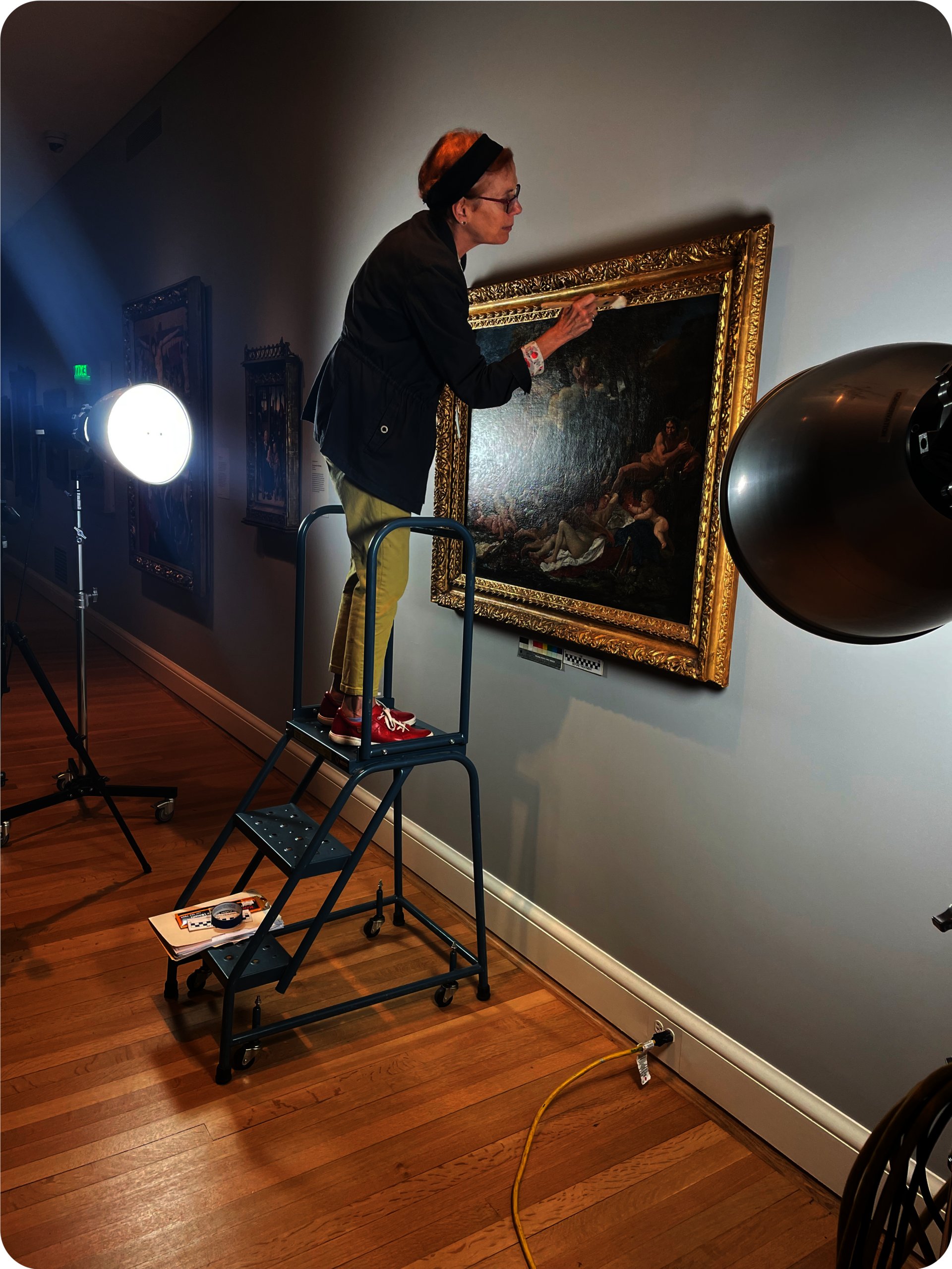 Person standing on the ladder holding a paintbrush to a painting’s ornate golden frame. The painting is hung on a gray wall and a bright lamp shines onto the painting. 