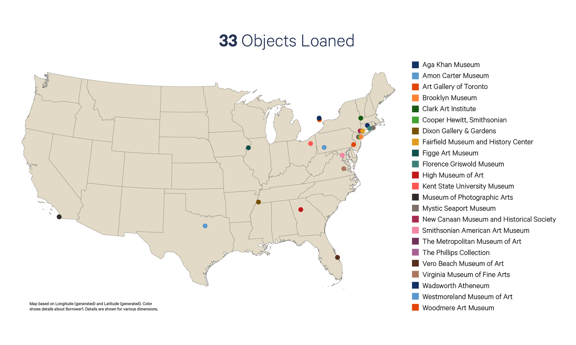 A map of the USA displaying the locations of 33 objects loaned out by the RISD Museum. The map’s label contains a list of the museums.