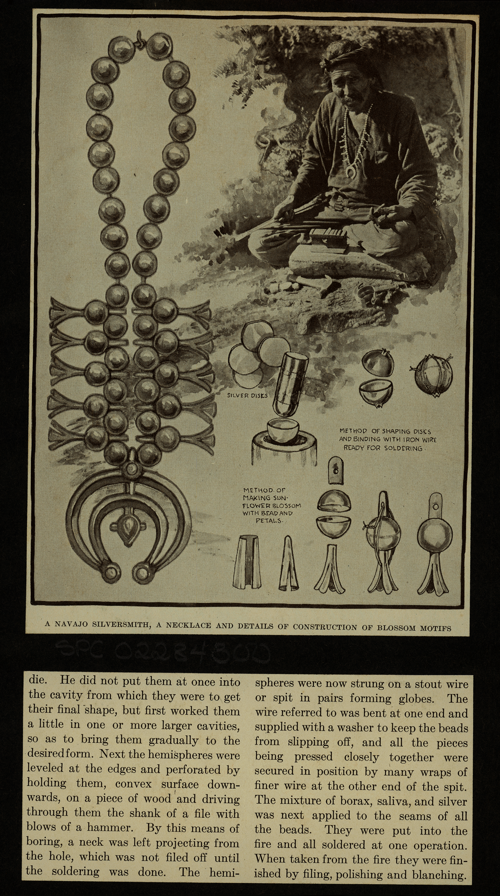 Photo of an aged-like infographic containing two columns of text below. A photo of a man and an illustration of various beads and a necklace are at the top. 