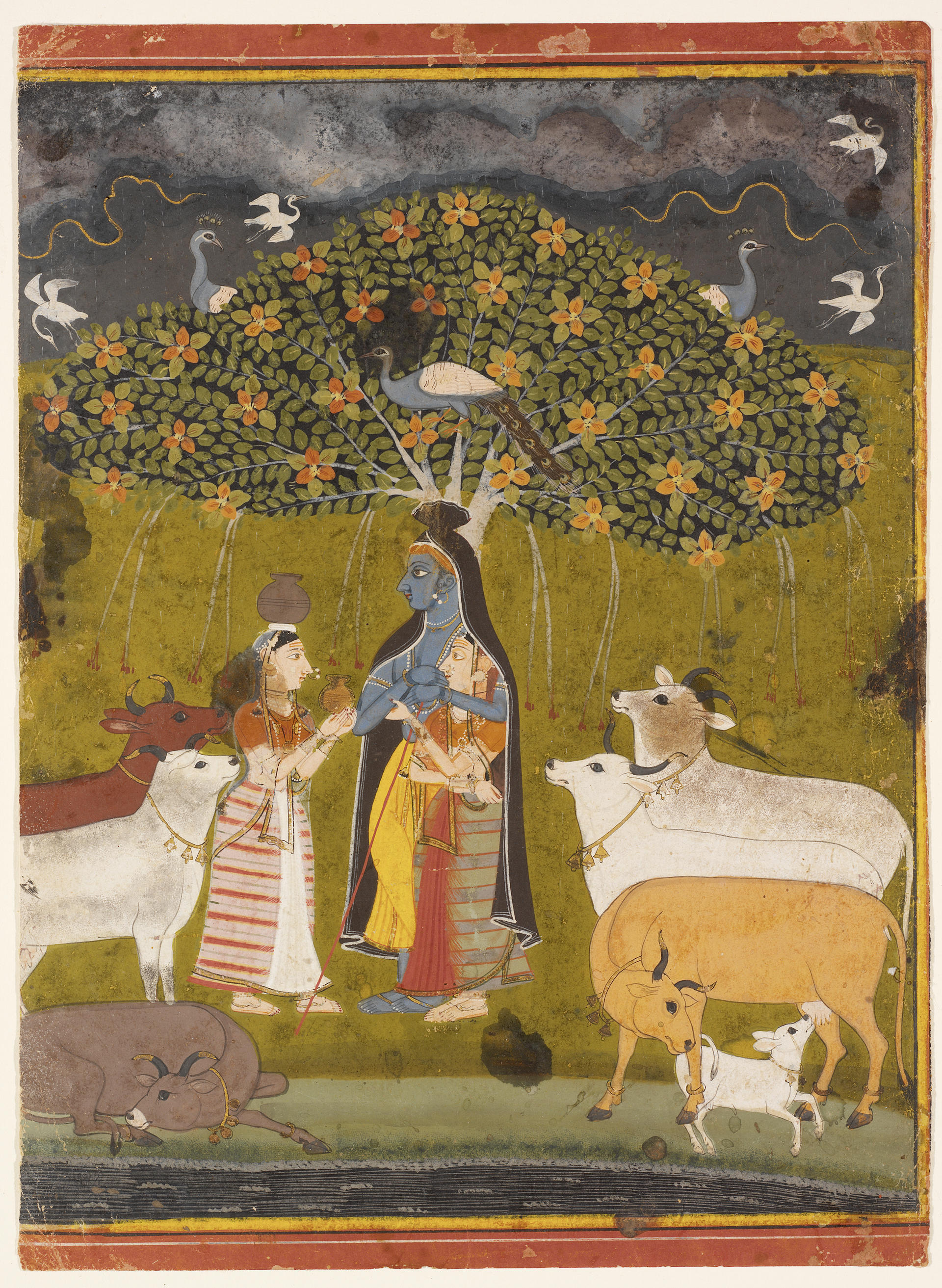 Painting of a blue robed figure facing a small robed figure. They are surrounded by cows of various colors and grass. Behind them is a tree with orange flowers and blue birds surrounding the leaves.