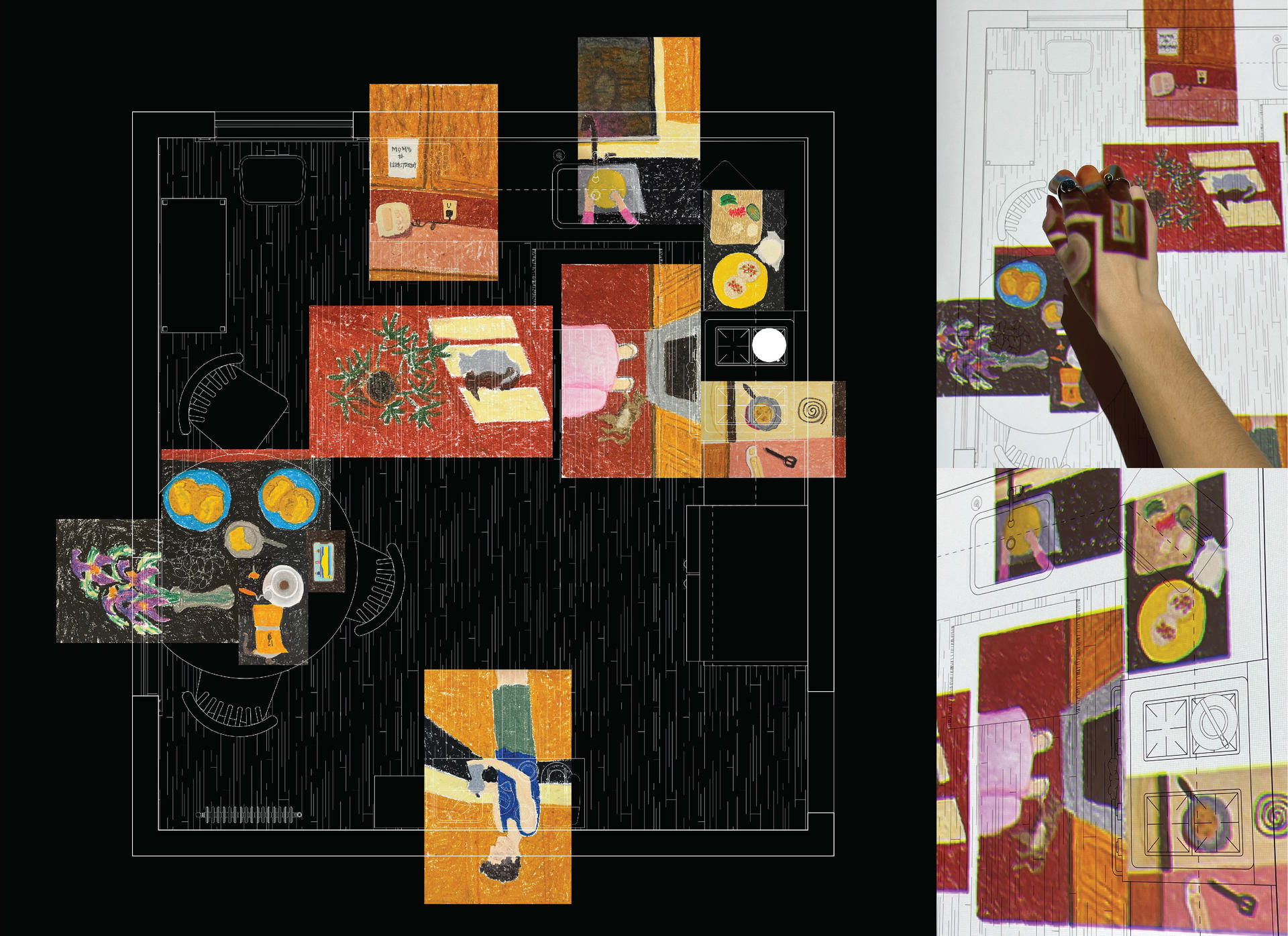 Vignettes of memories from my home in San Antonio mapped onto a floorplan of my kitchen in Providence, showing my mental navigation in between my current physical space and my lived experiences.