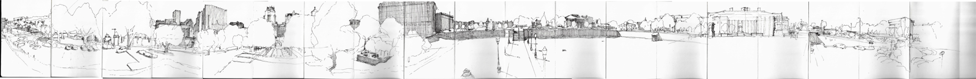 Panorama Perspectival Site Drawing of both the Statehouse lawn and the former town it displaced. Created by walking around the base of the statehouse, the drawing covers 360 degrees of vision, yet 2 notable elements escape its frame: The statehouse itself, and the demolished Snowtown.