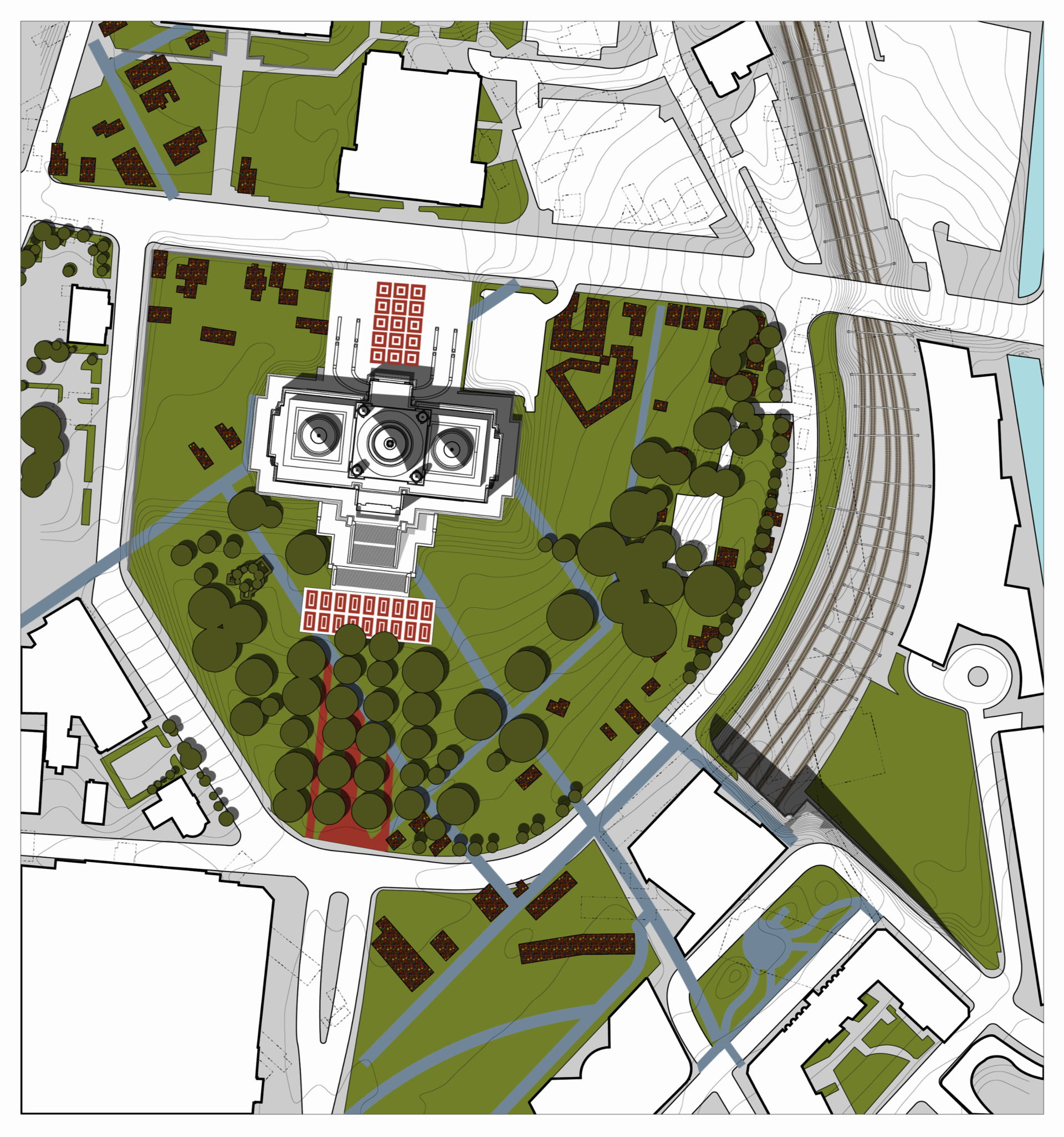 A site plan of the intervention shows where old roads, long since destroyed, will be brought back into existence along the site. These walkways disrupt the axis contrived by the state house and begin to hint at an older topographically native truth to the bluff that once was home to the working-class freedmen and women of Snowtown.
