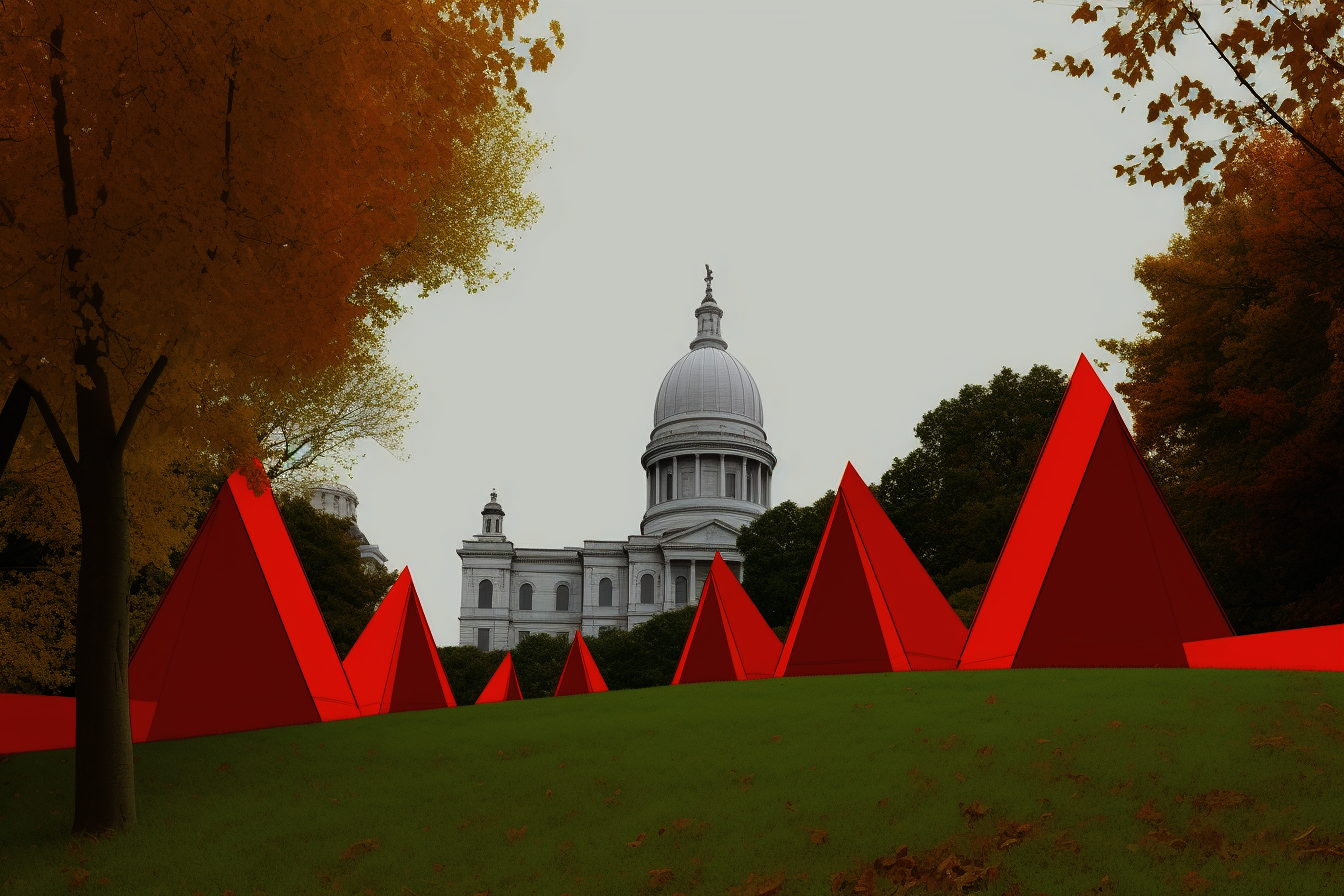 A speculative vignette of the counter-monumental intervention. Small A-frame trailers created by different neighborhoods give the statehouse lawn the appearance of containing a sunken neighborhood.
