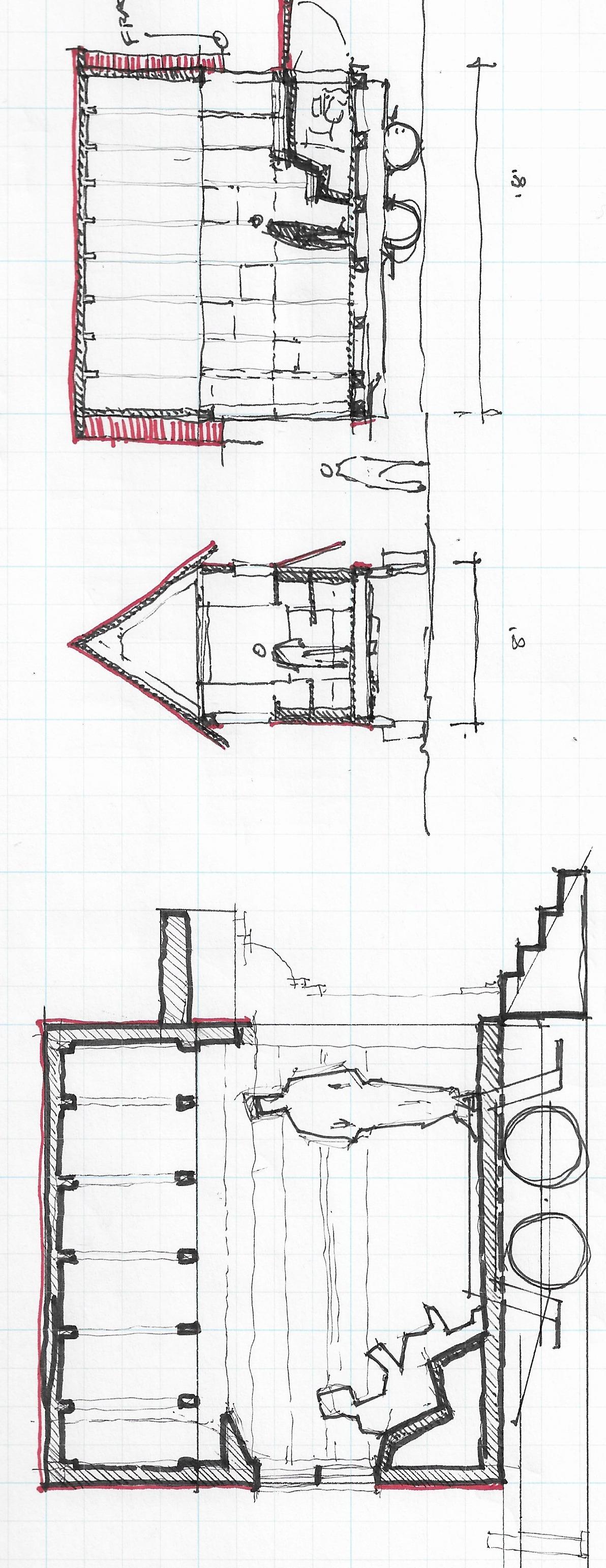 Sketch for early counter-monument design. Each neighborhood in Providence will in time be sent a structural frame upon which the inhabitants may work to place clapboard siding in whatever manner they sees fit.