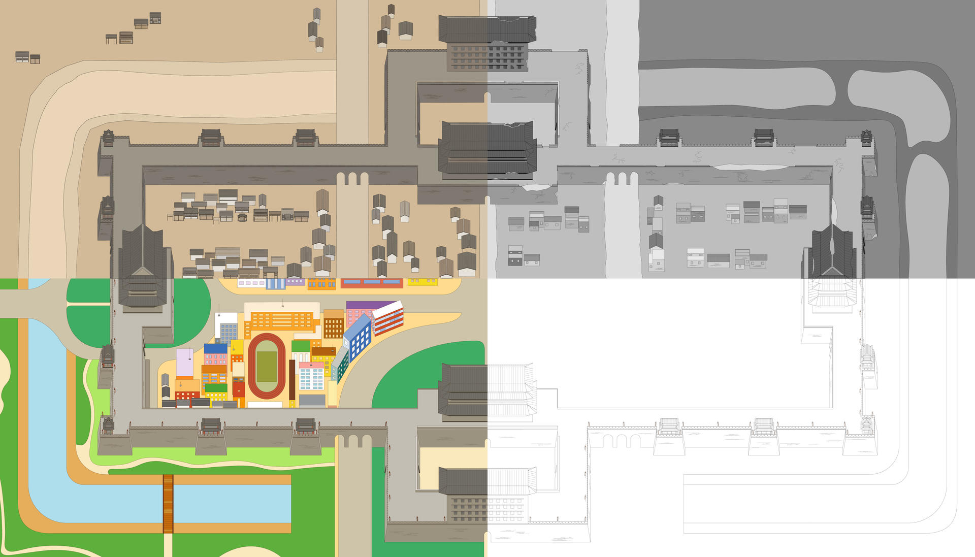 Four period of Xi'an City Wall, ancient times, after WWII, present and the future