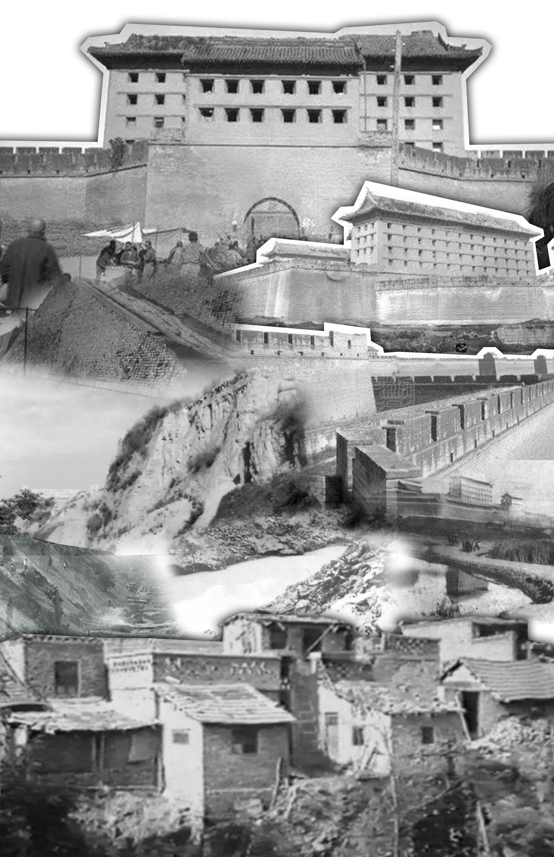 A collage of damaging moments of the City Wall after WWII