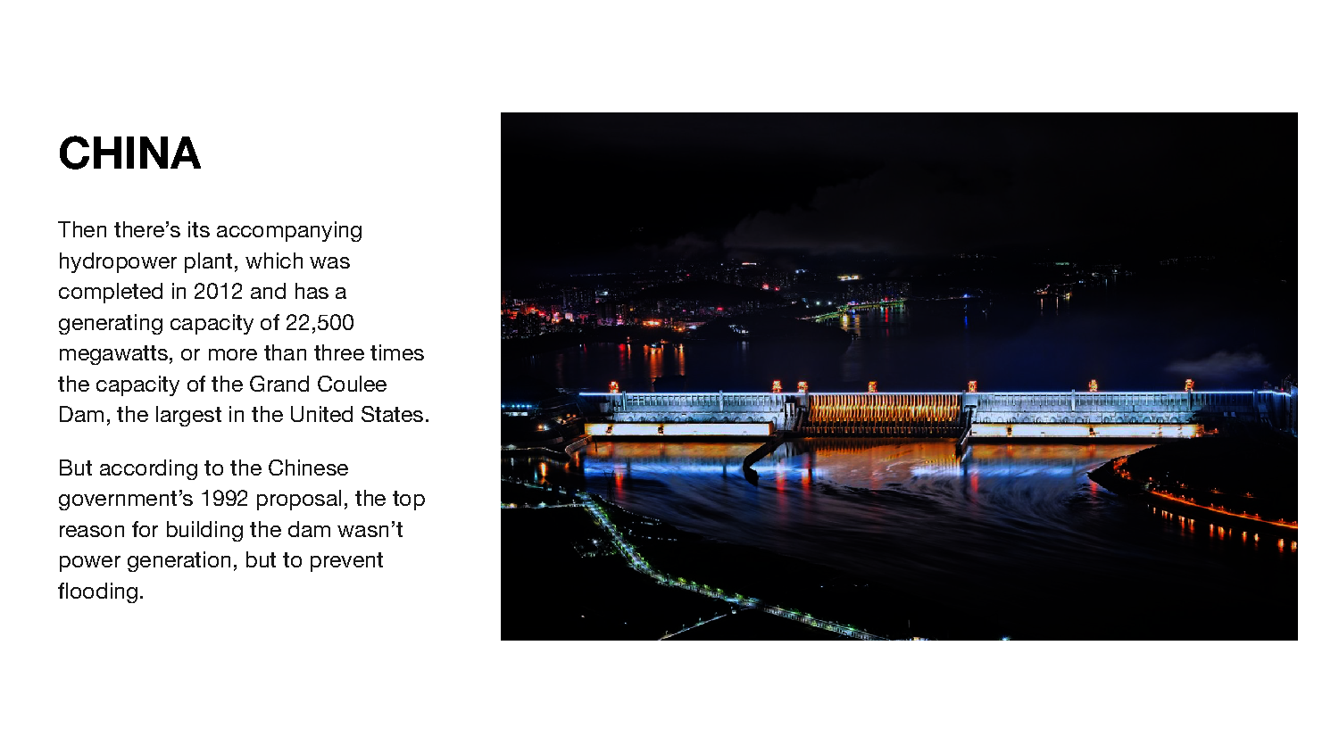 Text on the Three Gorges Dam in China accompanied by an image of the completed dam illuminated at night with land on either side.