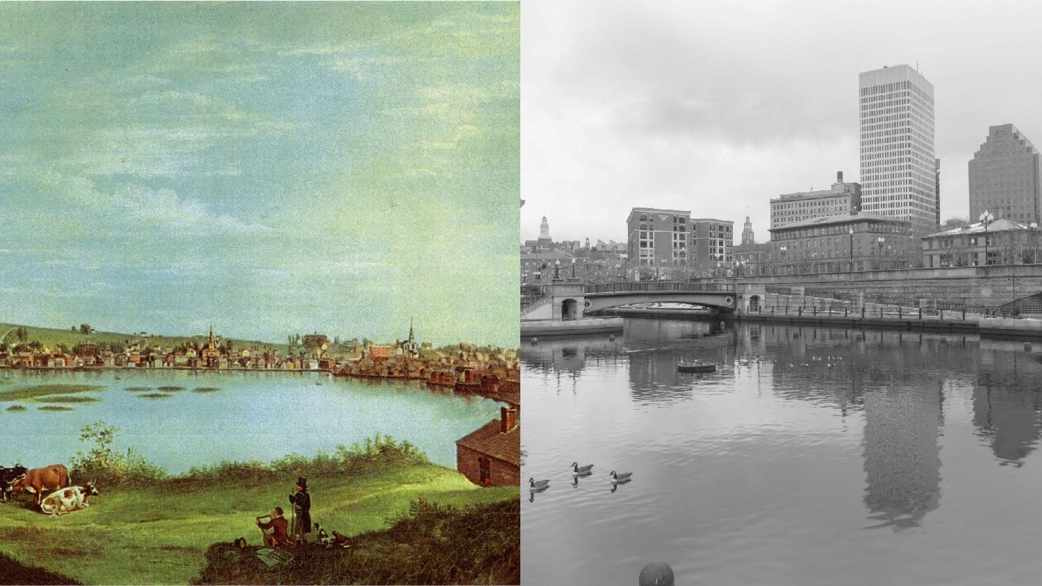 A side by side of a painting of a cove and a black and white photography of that cove with walls and bridges.
