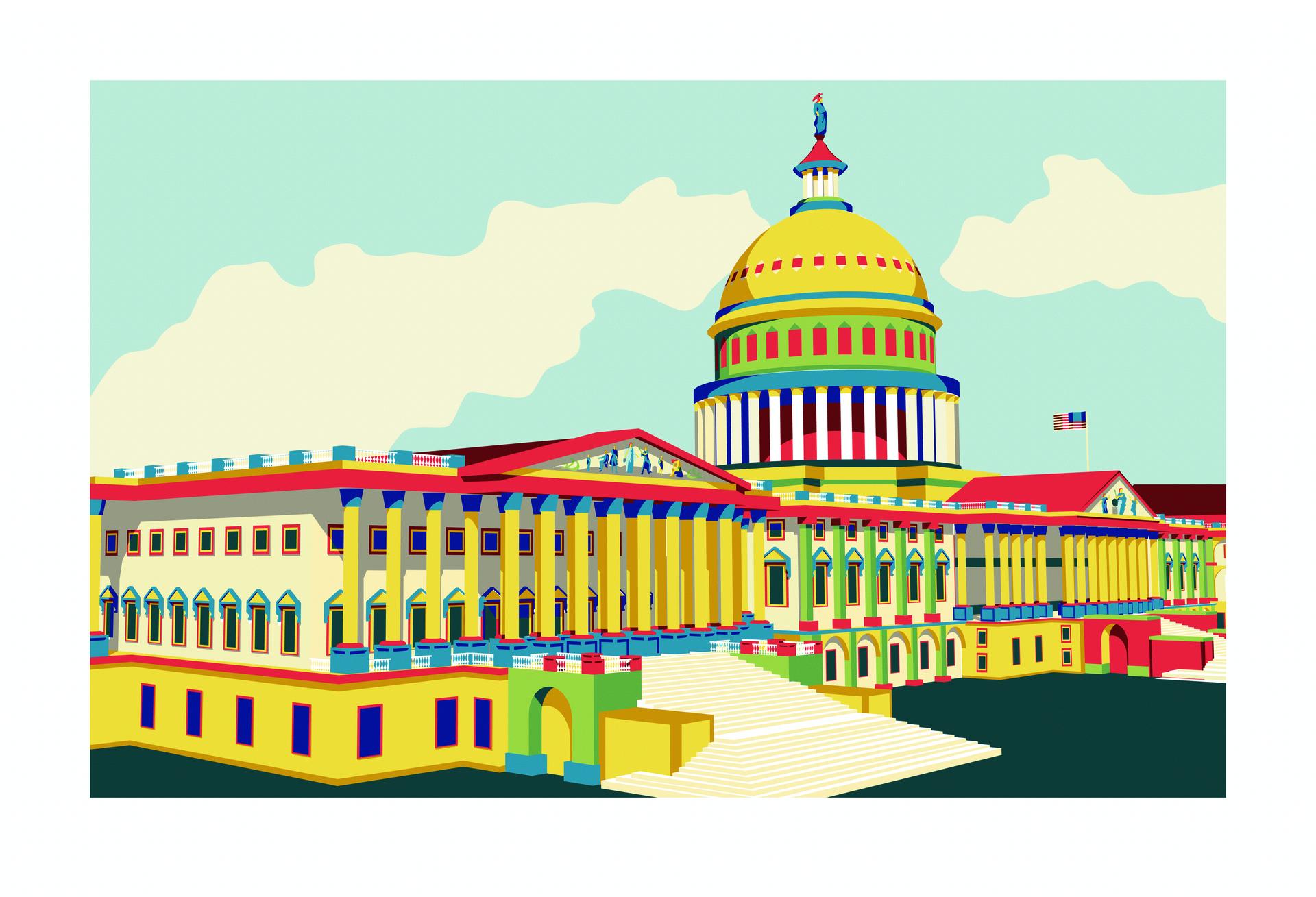 U.S. Capitol Building in a vibrant color scheme of yellow, red, blue, and green.