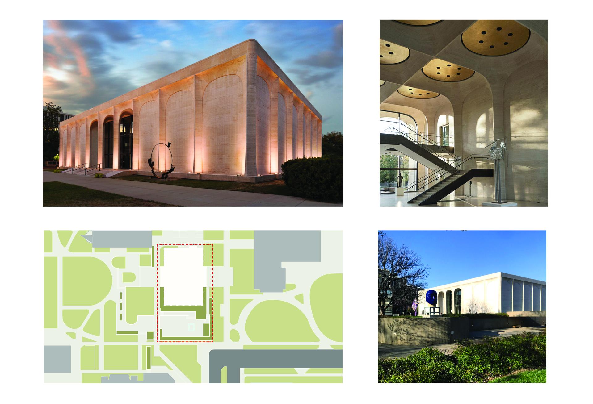 Three photos of the Sheldon art museum, an elegant and white smooth stone building with sleek columns, and a diagrammatic site plan.