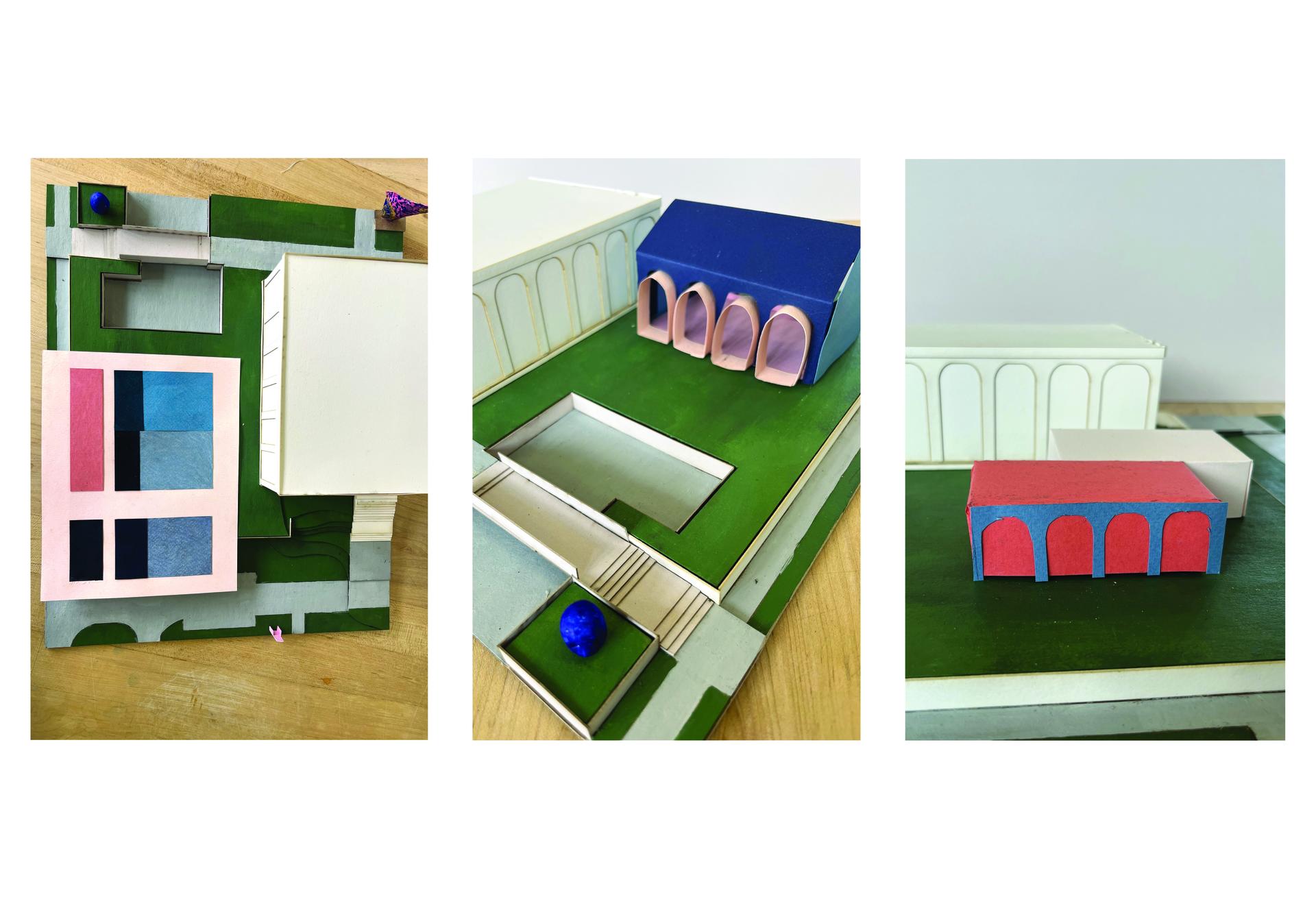 A model of the Sheldon Art Museum with colorful paper swatches and colorful sketch models of proposed addition.