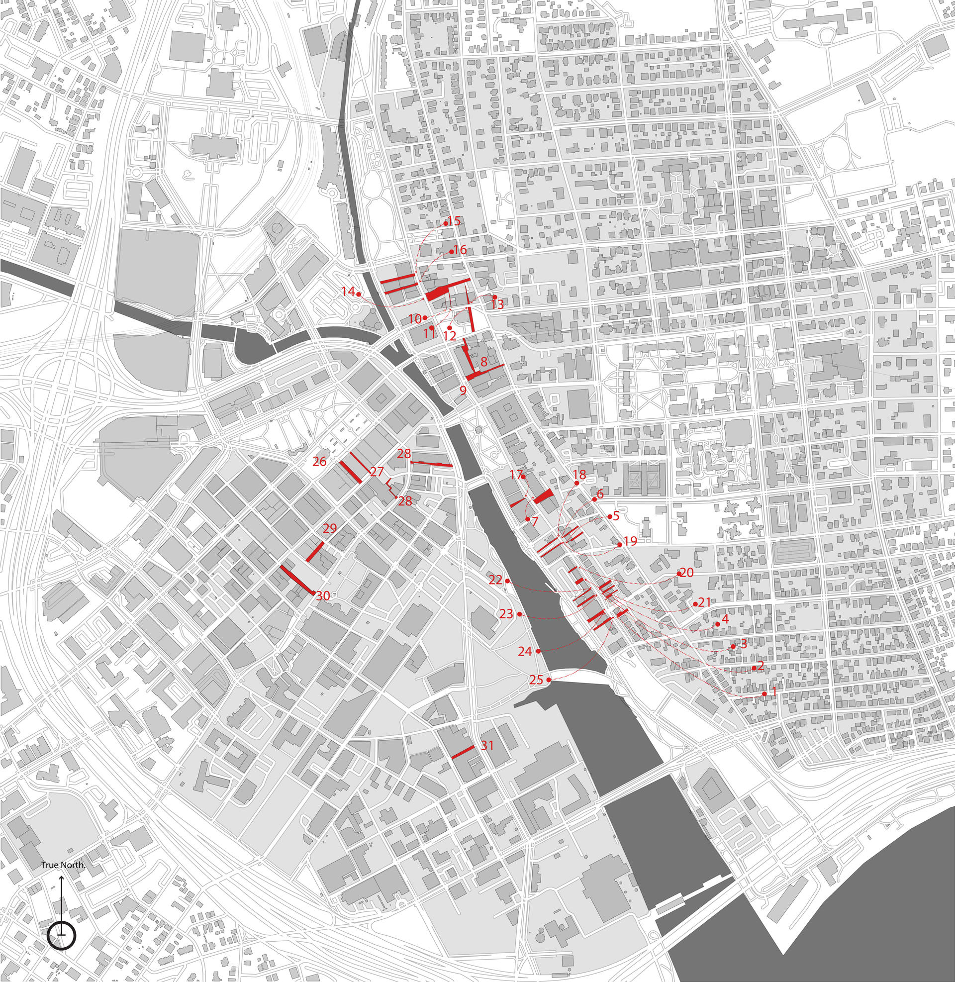 An 1:2000 map of the 30 potential sites marked in red with number