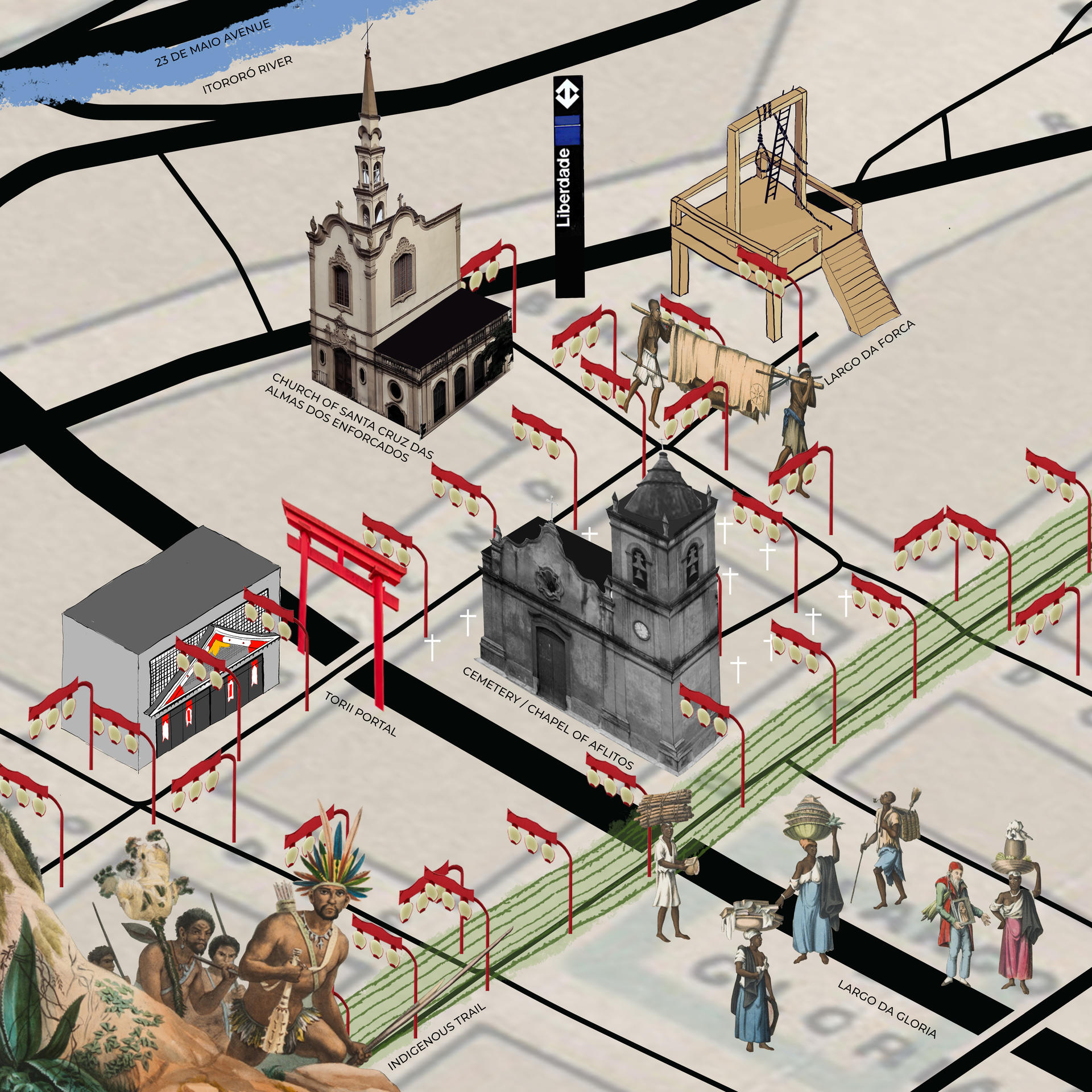 Collage of the Liberdade neighborhood in São Paulo, where hidden and erased layers of history are uncovered.