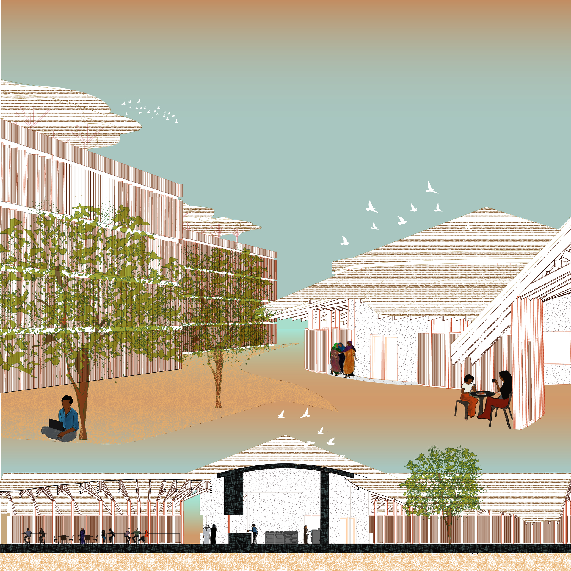 A perspective and sectional drawing of a space in between a dormitory and a dinning center. 