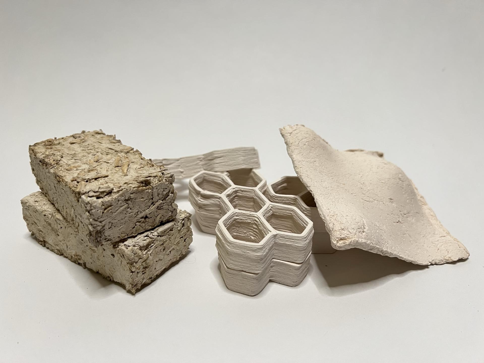 Material exploration emphasizing the versatility of hemp using clay as binder. Seen here is brick using hemp hurd, building block using hemp powder, and panel using hemp fiber.