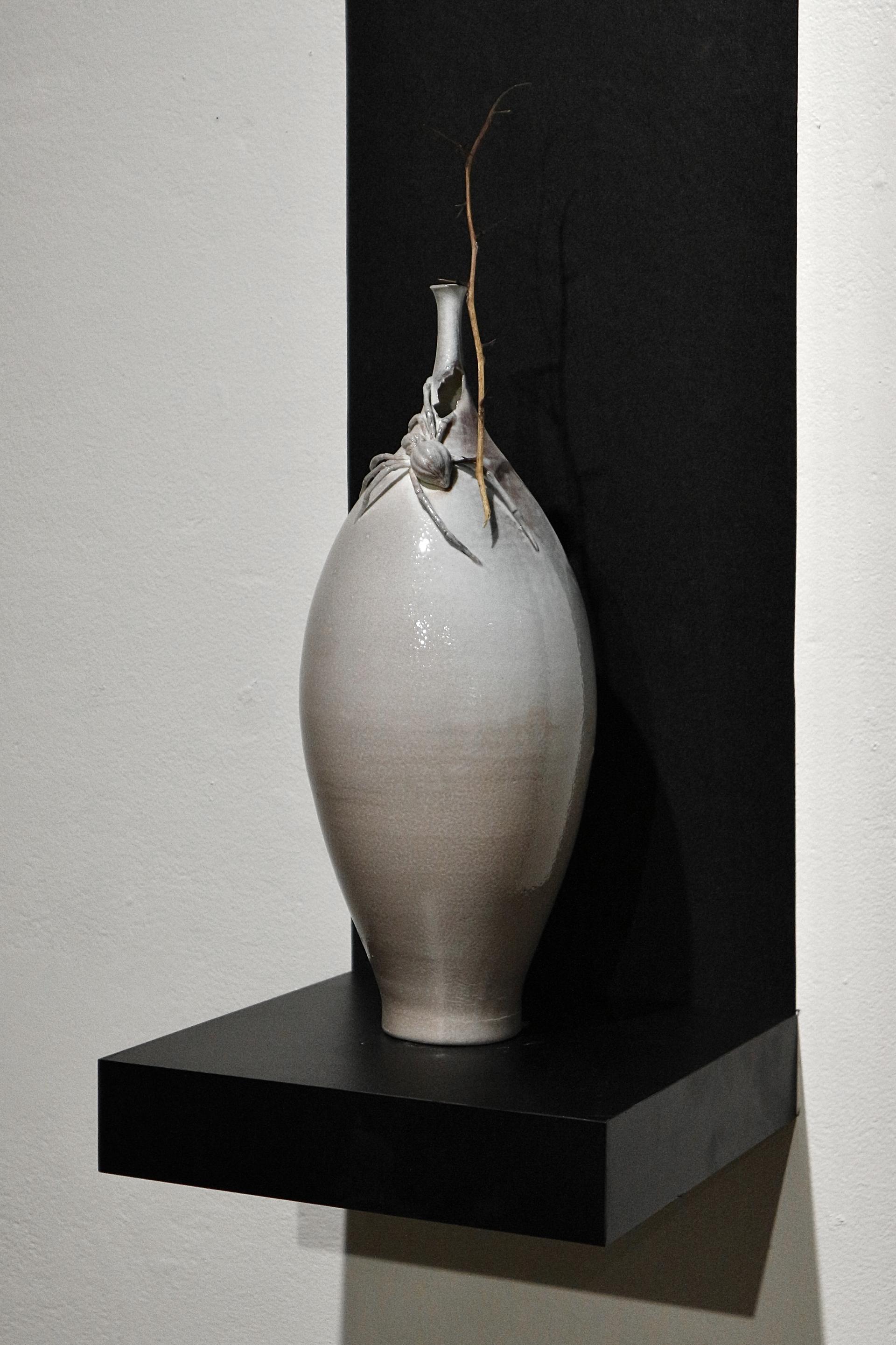 Soda-fired ceramic vessel with hand-sculpted spider around the neck.