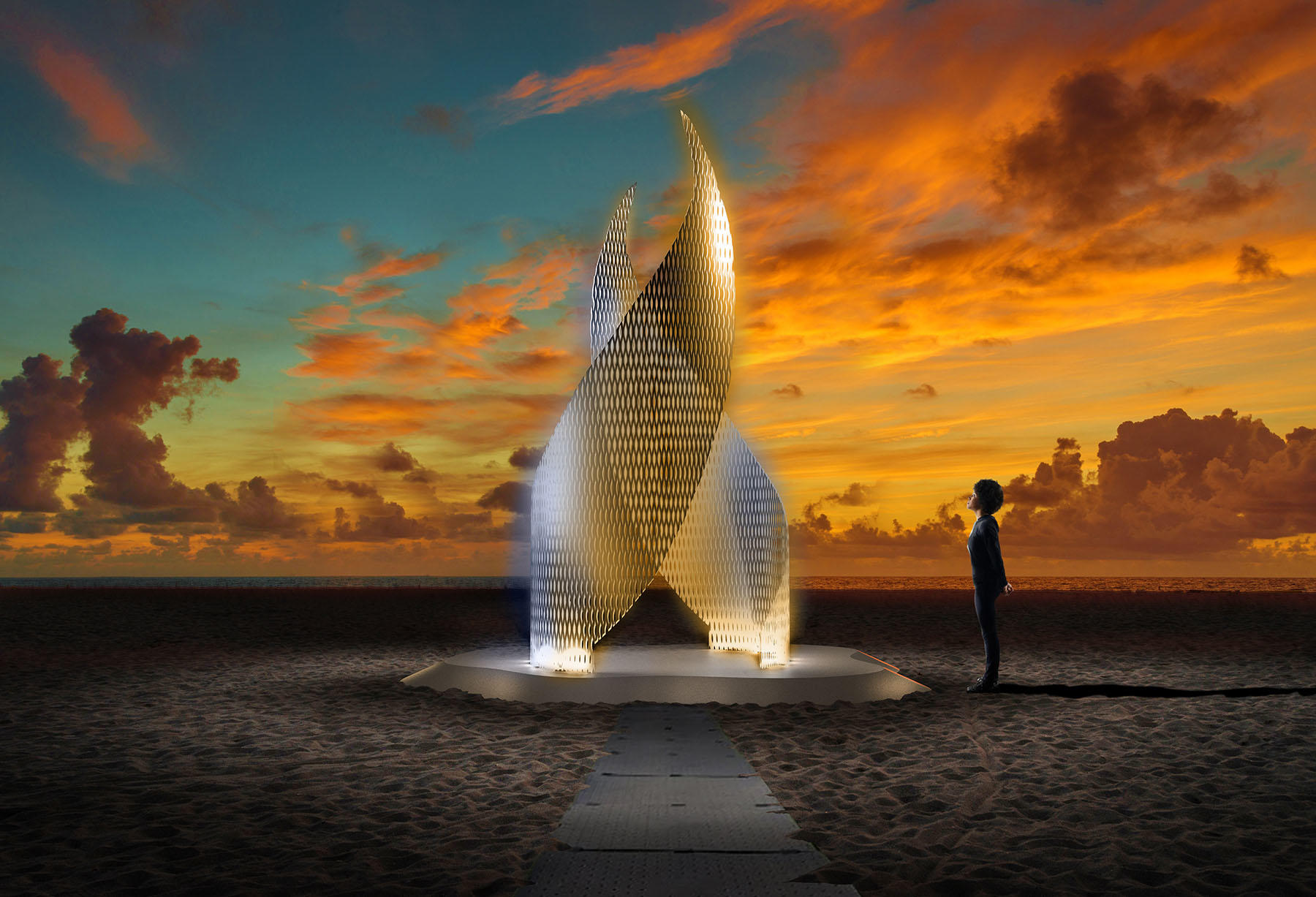 An artist rendering of a spiraling monumental public sculpture with a woman looking up at it for scale 